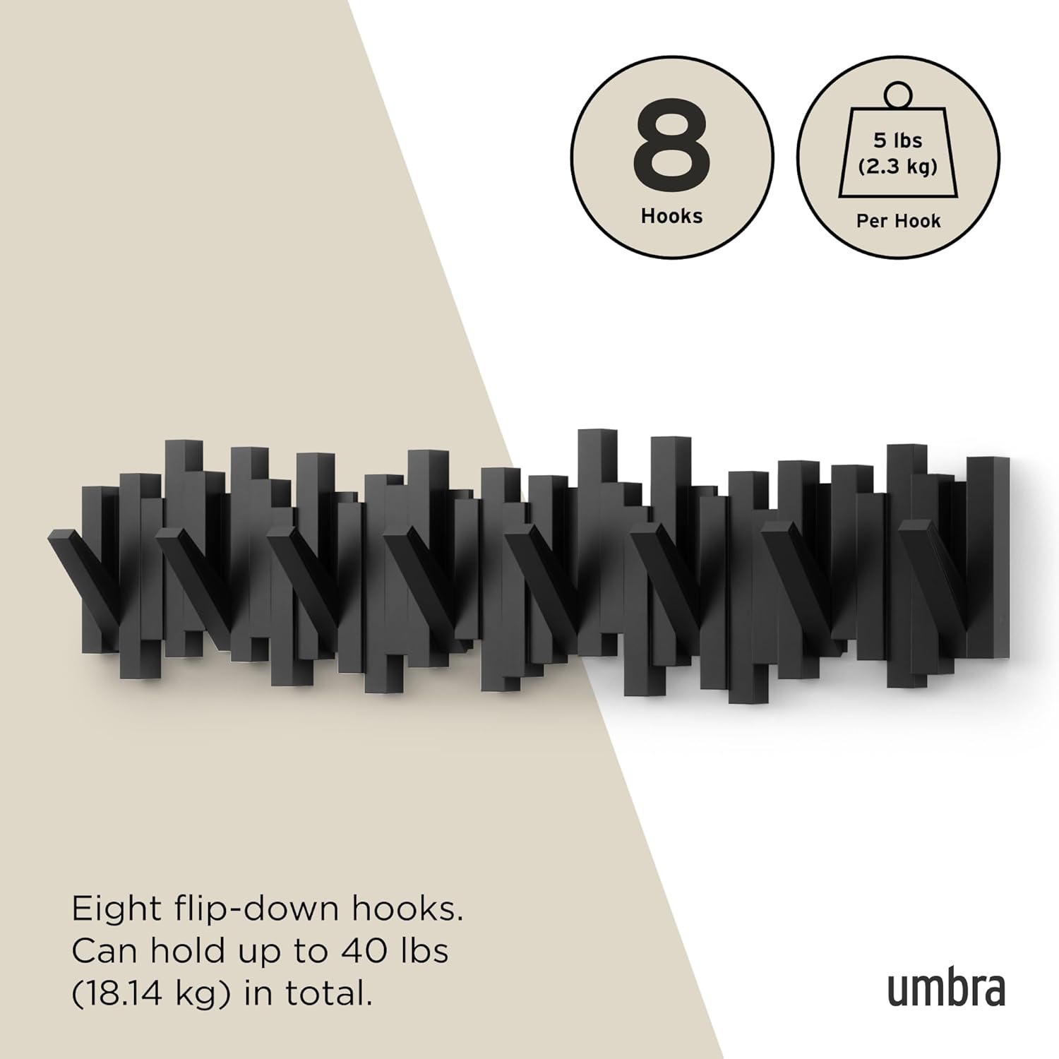 Umbra - Sticks - porte-manteau mural 8 crochets, design noir, compact