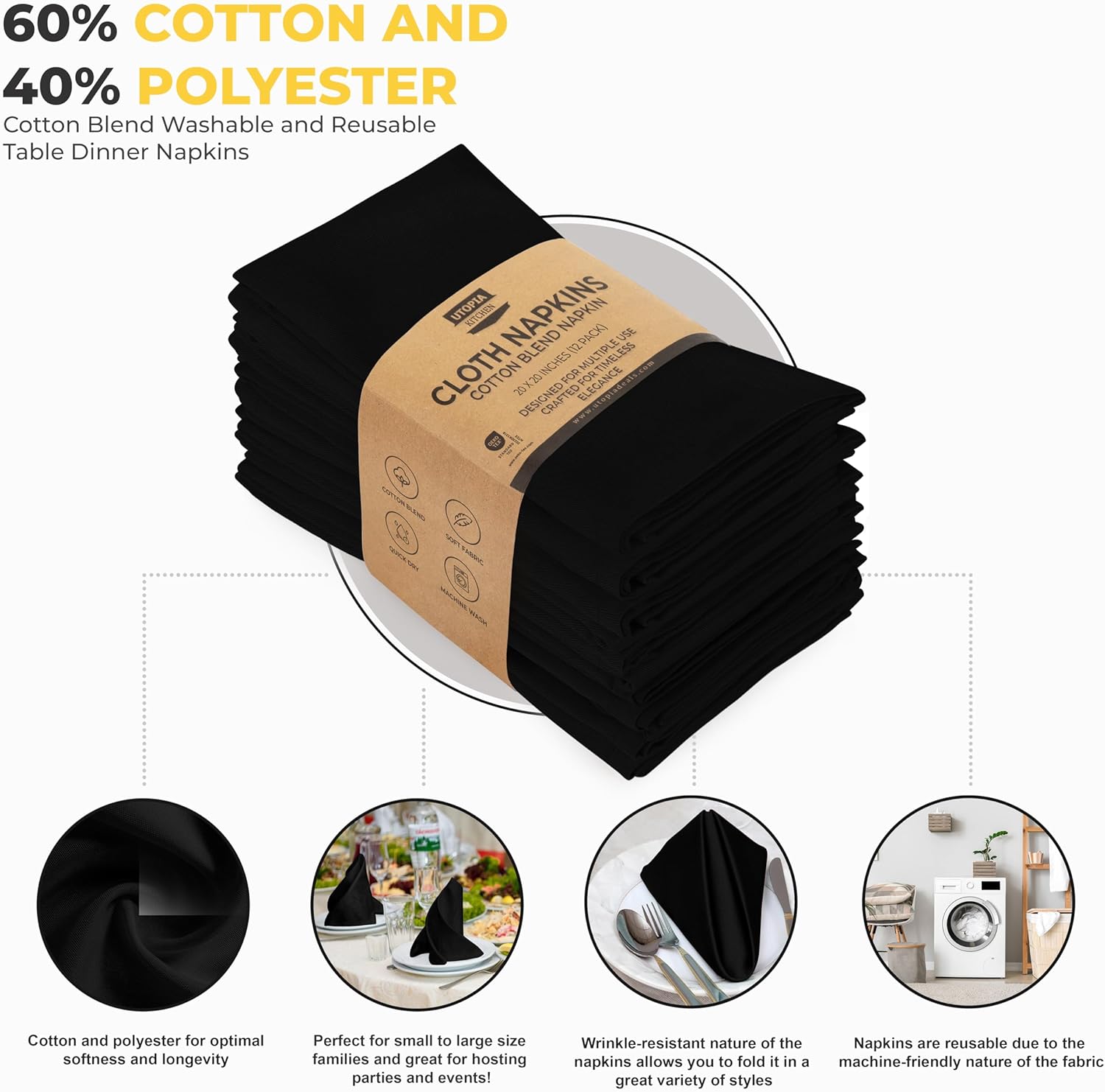 Utopia Kitchen - serviettes tissu - 50x50 cm - coton mélangé lavable