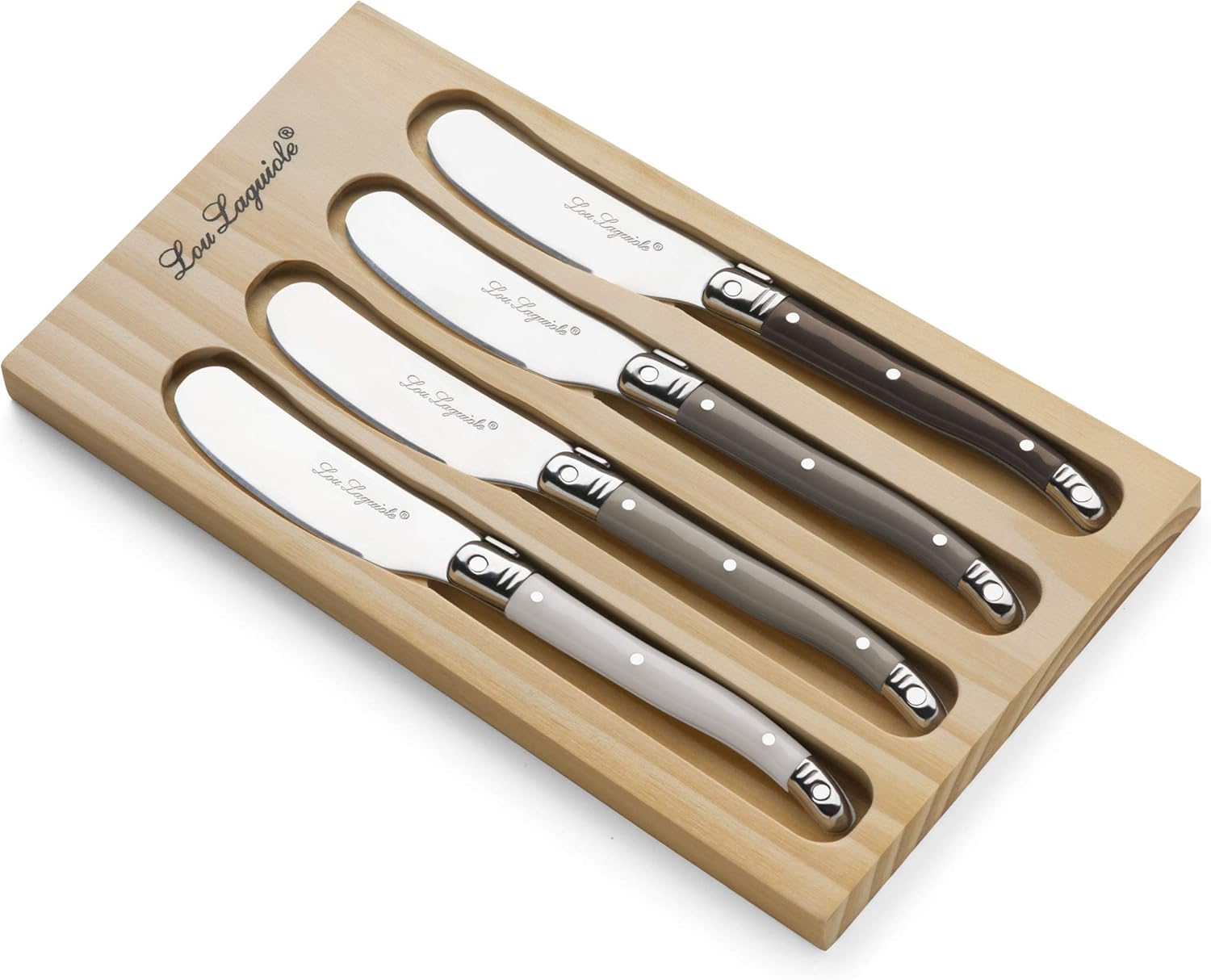 Lou Laguiole - Tradition - Coffret bois 4 tartineurs inox brillant, couleurs variées