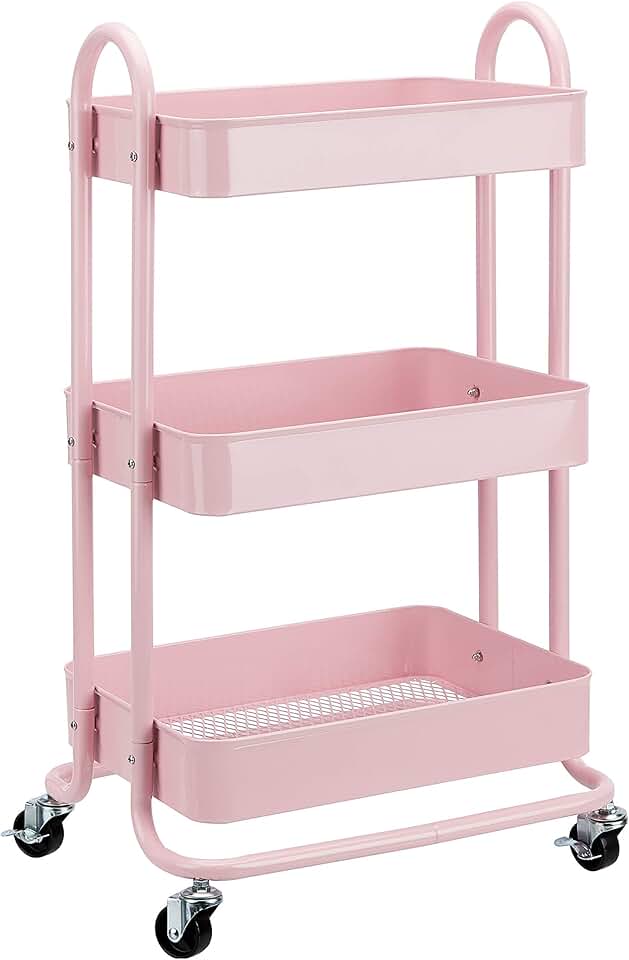 maxiidealz Basics - Chariot de rangement 3 niveaux - roulettes - rose - dimensions compactes