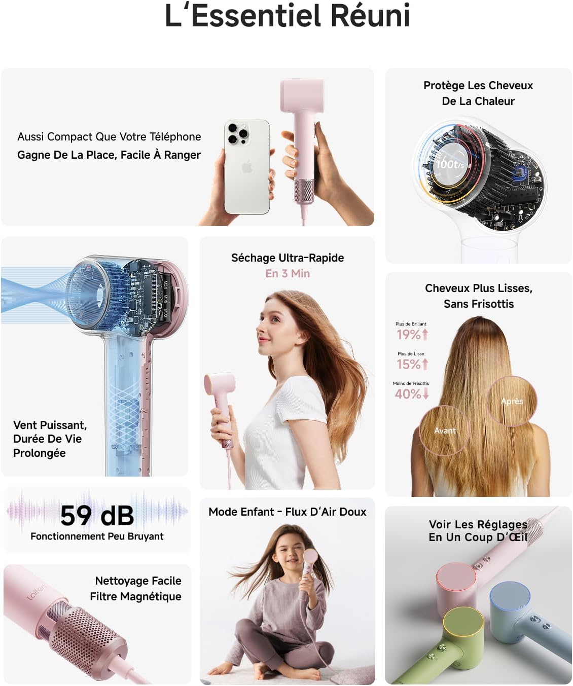 Laifen - Sèche-cheveux Mini - 299g - moteur brushless, ions, séchage rapide, 200M