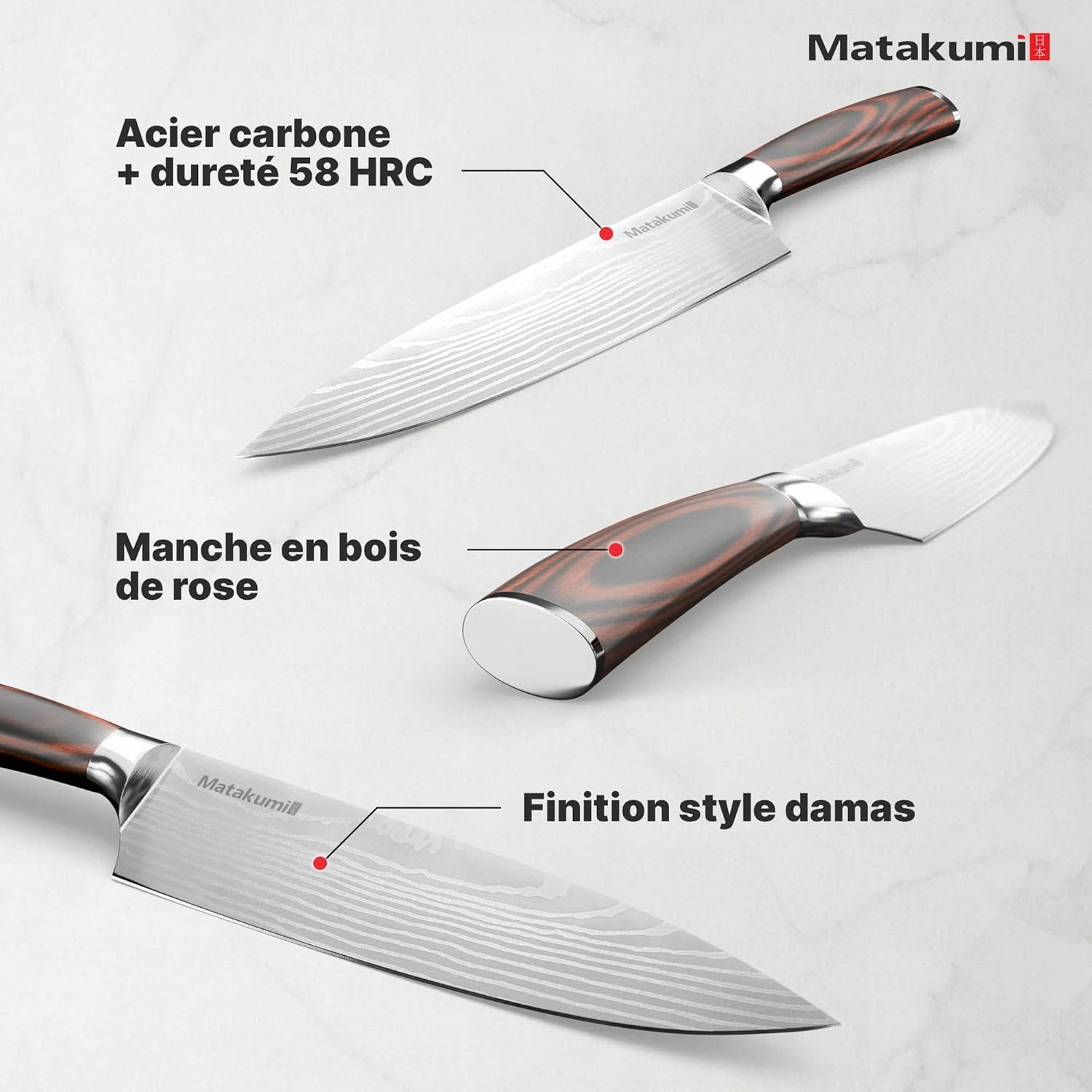 Matakumi - Set couteaux japonais damassé 4 pièces, acier carbone, manche ergonomique