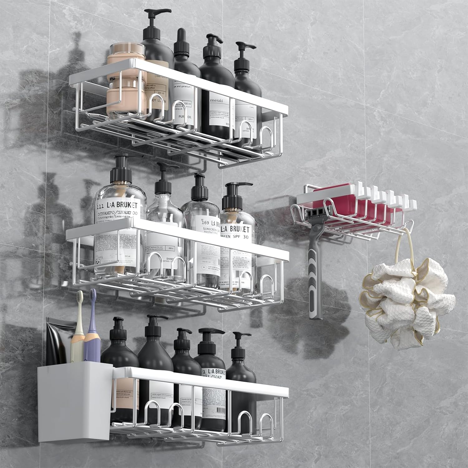 AceMining - 4 Pack salle de bain inox, étagère adhésive, sans perçage