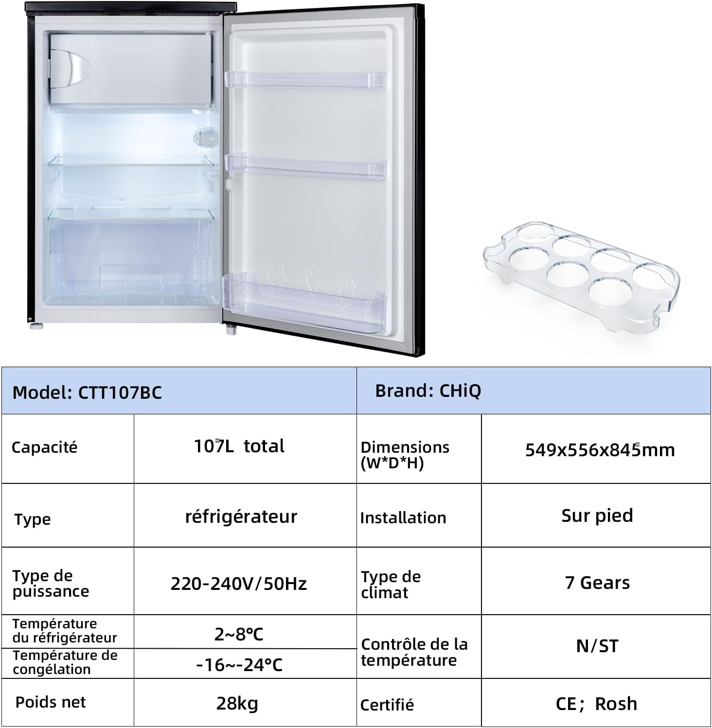 CHIQ - Réfrigérateur congélateur série 107L - ultra silencieux 39dB, porte réversible, classe D