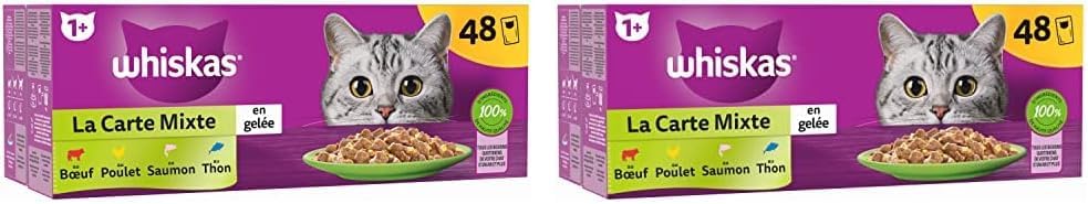 WHISKAS - La Carte Mixte - 48 sachets - pâtée chat gelée, adaptée chats stérilisés