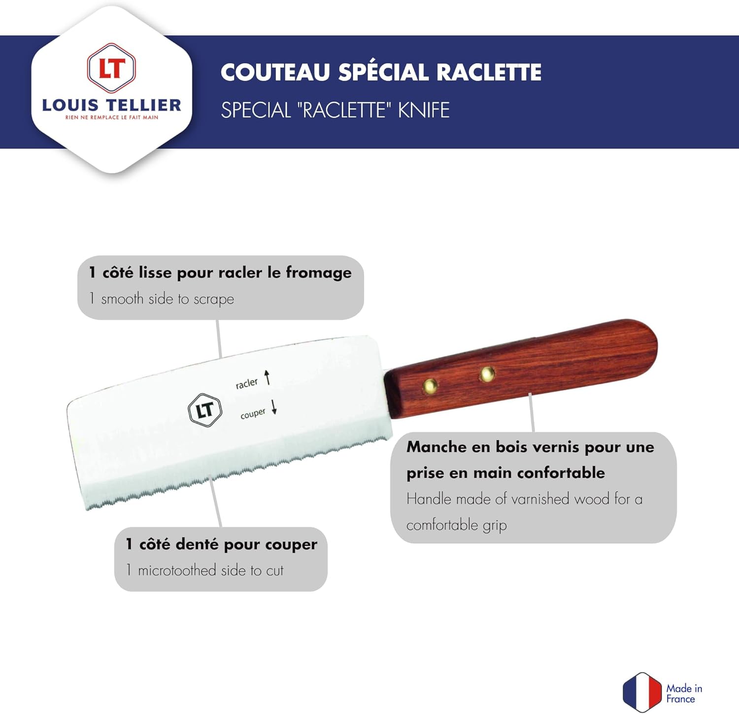 Louis Tellier - Couteau raclette bois/inox - 24,5x1,5x4,5 cm - côté coupe et raclette