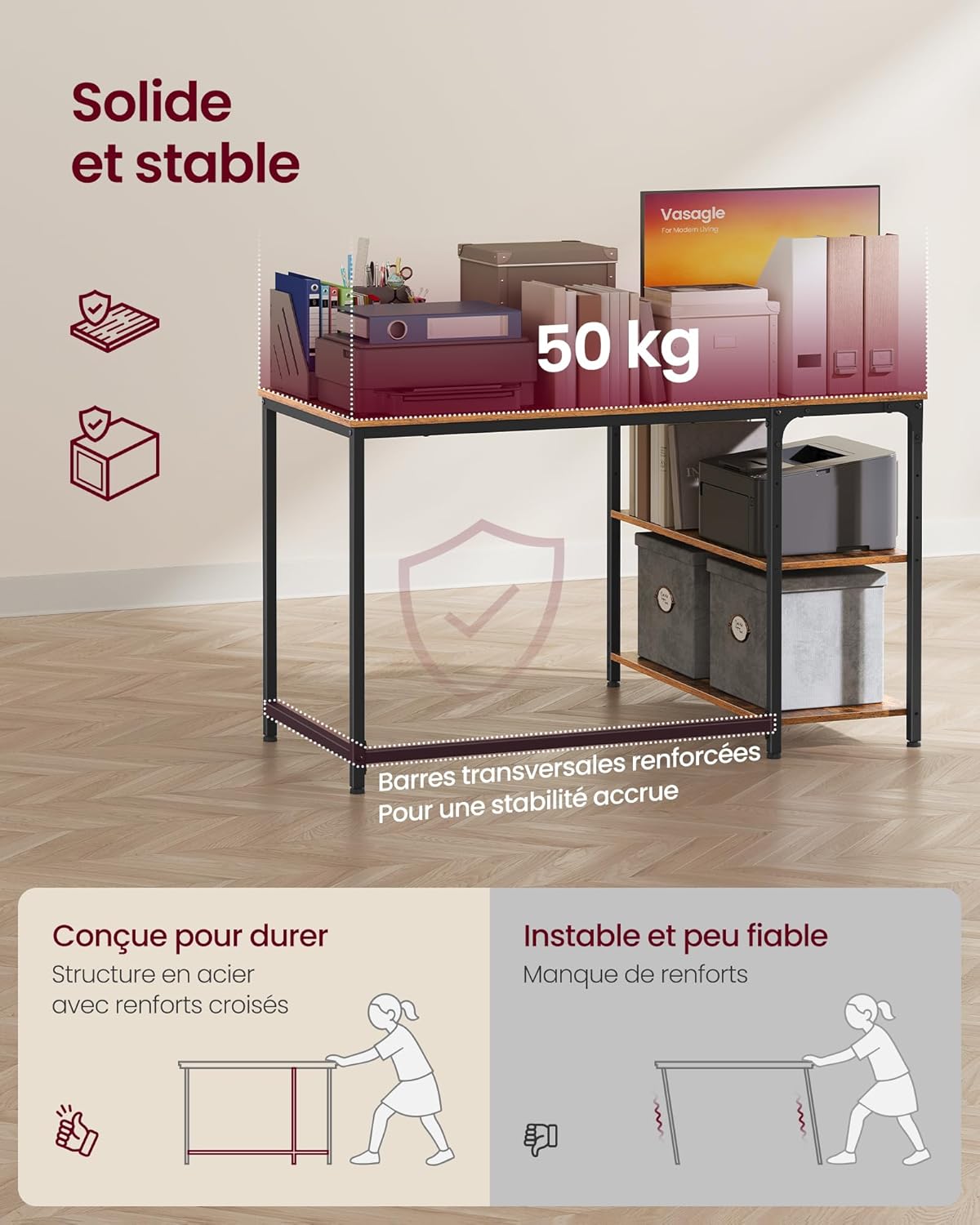 VASAGLE - Bureau en L, 110x80 cm, étagères réglables, ports USB, LWD131KD01