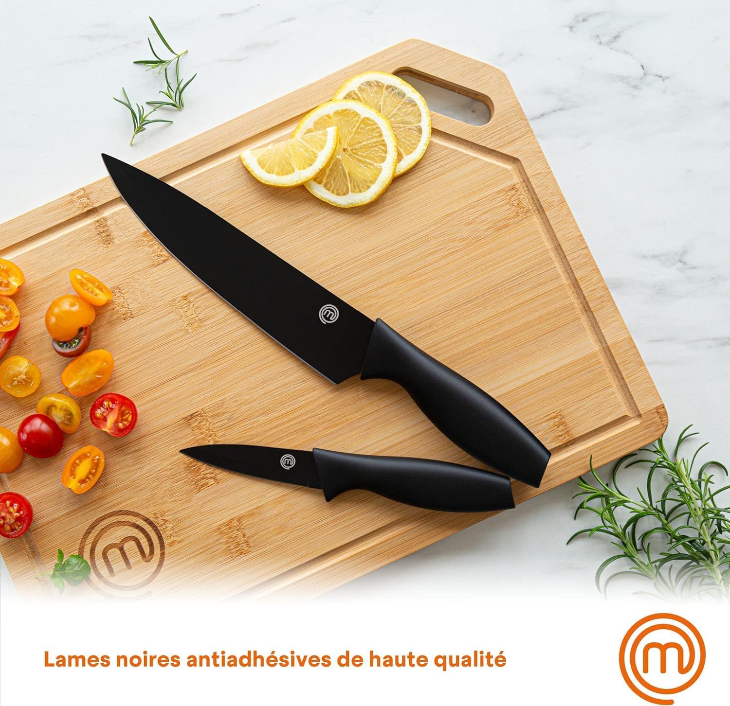 MasterChef - Set couteaux cuisine, 5 pièces, inox, revêtement antiadhésif, manche ergonomique