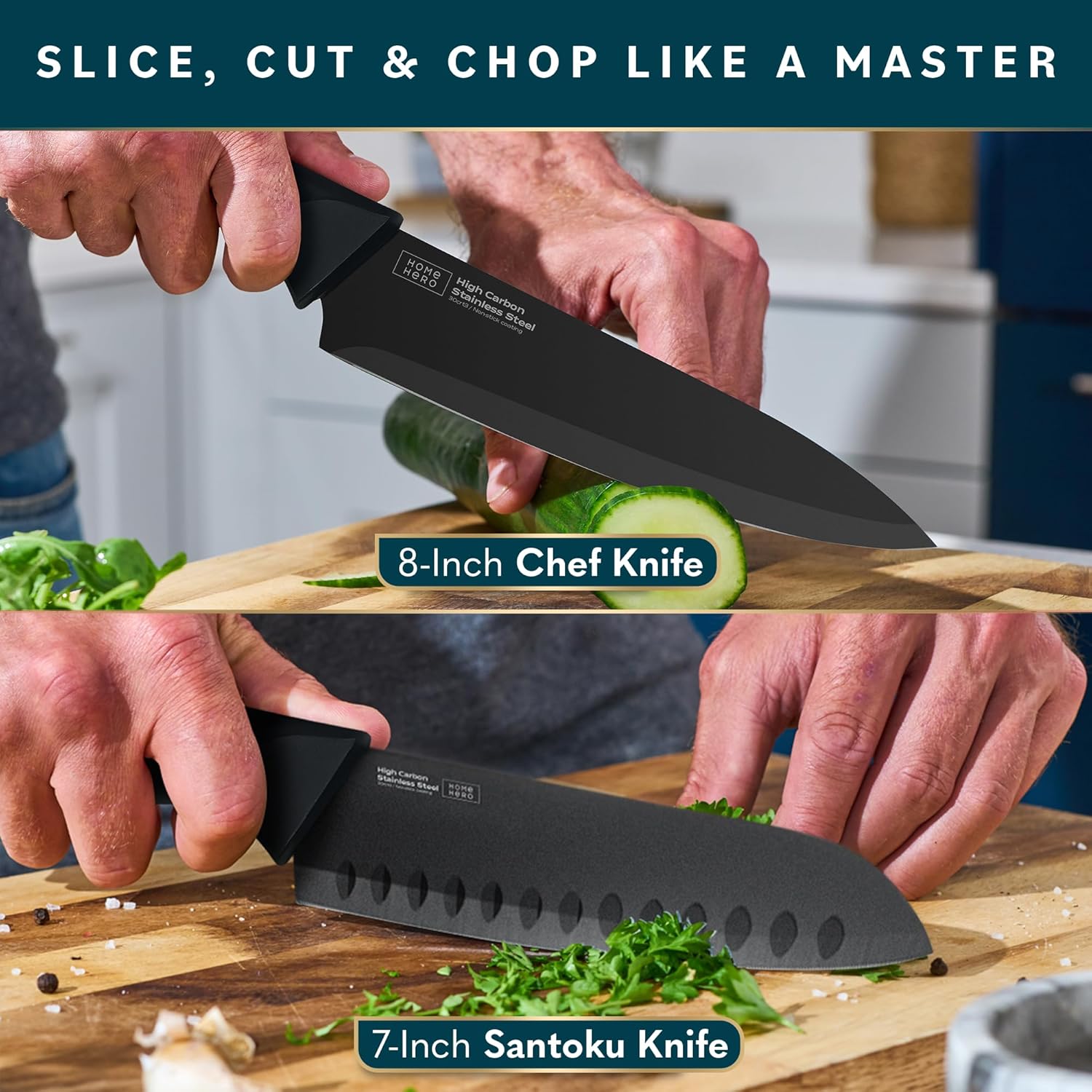 Home Hero - Set de couteaux cuisine 16 pcs inox, bloc inclus, noir
