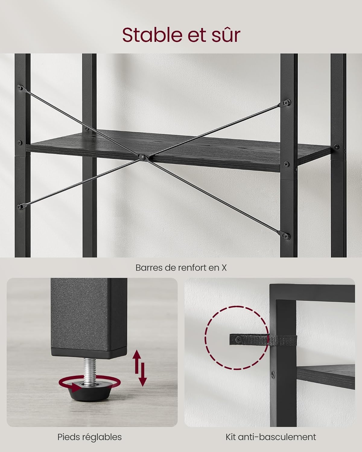 VASAGLE - étagère industrielle 5 niveaux - 30x66x153 cm - bois noir et rangement - LLS061B56
