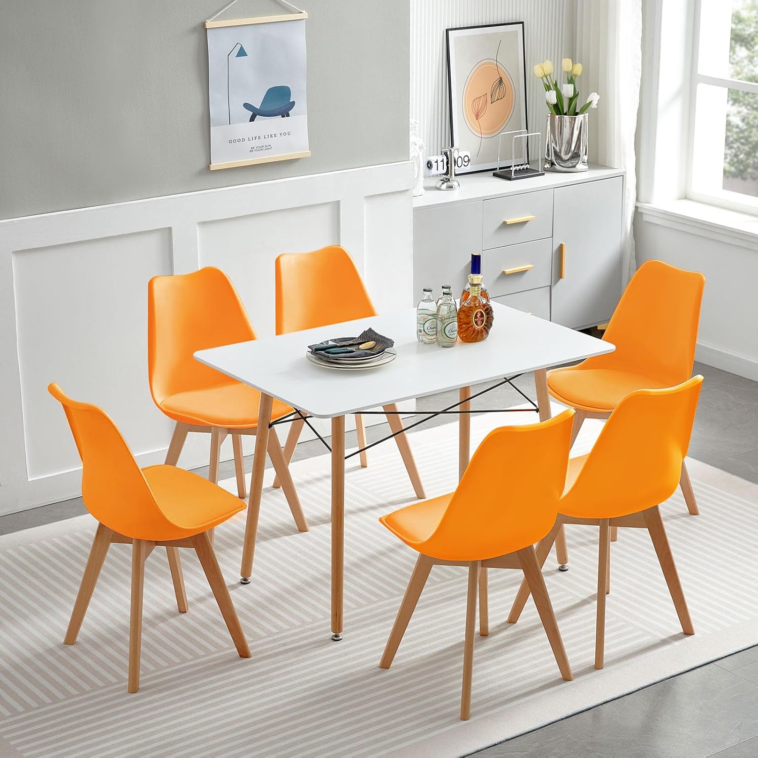 EGGREE - Lot de 8 chaises scandinaves - bois hêtre, assise rembourrée, orange