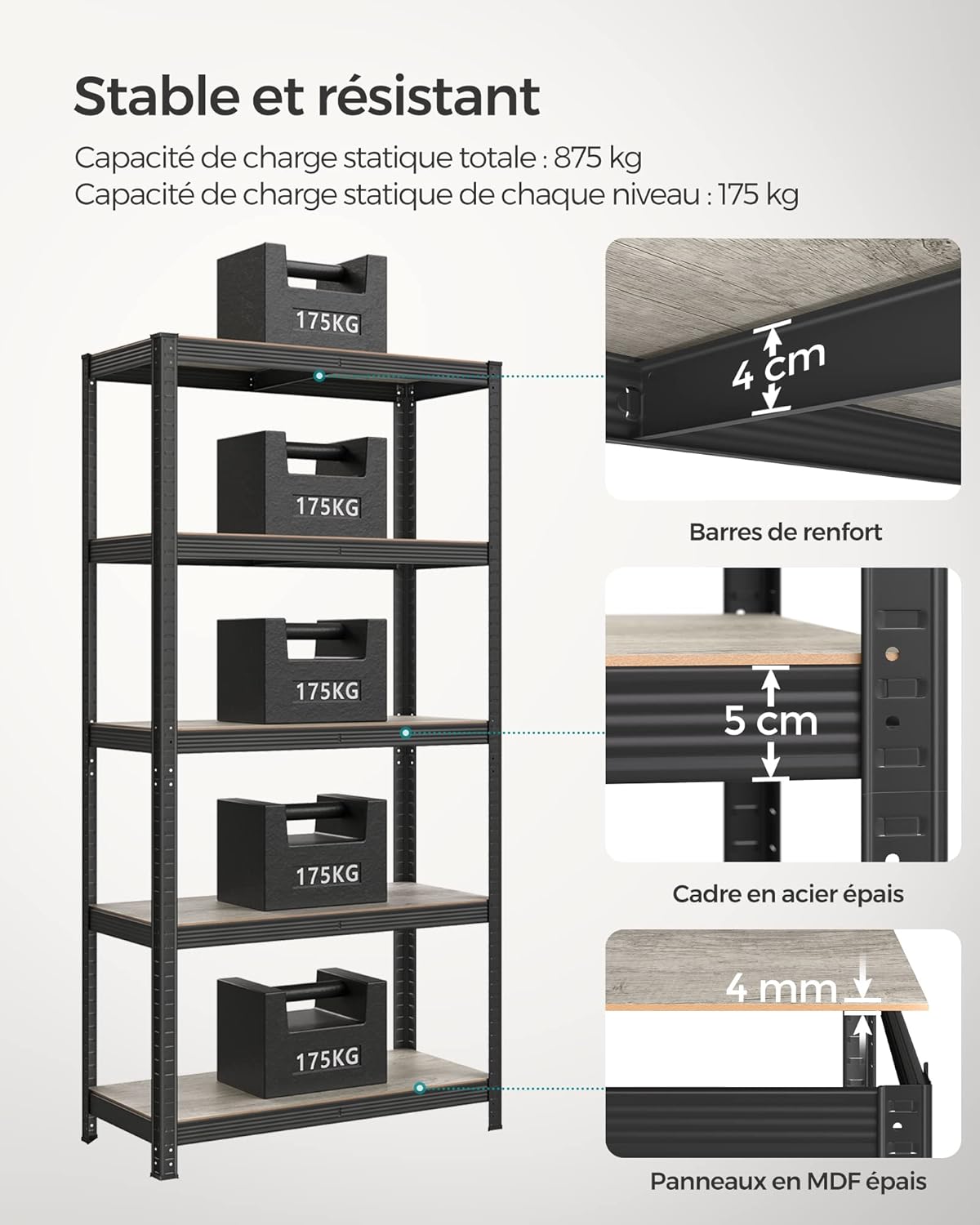 SONGMICS - étagère 5 niveaux 40x90x180 cm, 875kg, planches réglables, GLR040B22