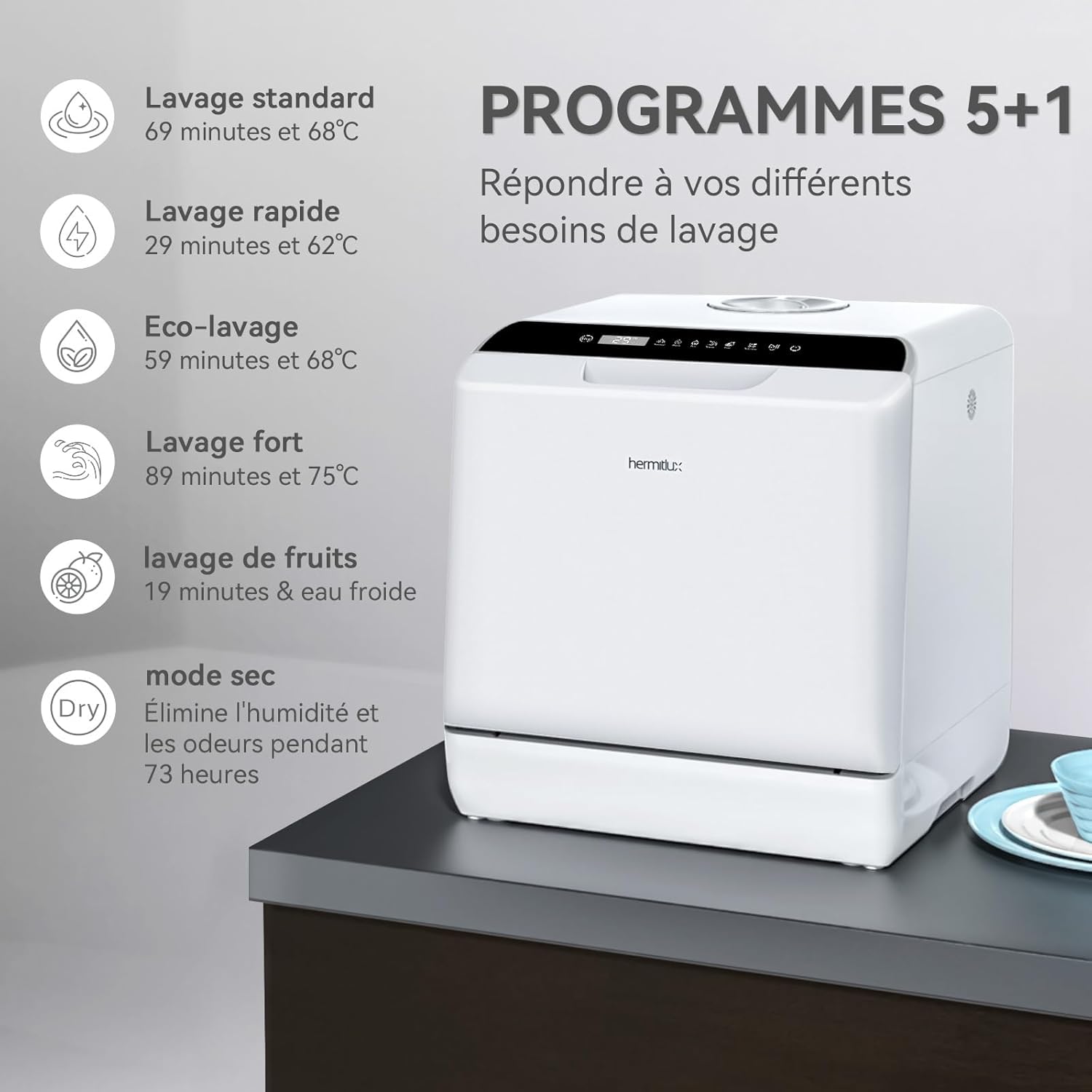 Hermitlux - Mini lave-vaisselle compact 43cm, 4 couverts, robinet ou autonomie, 175kWh/an, blanc