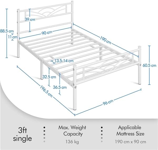 Yaheetech - lit simple métal - 90x190 cm - cadre blanc, compact spaces