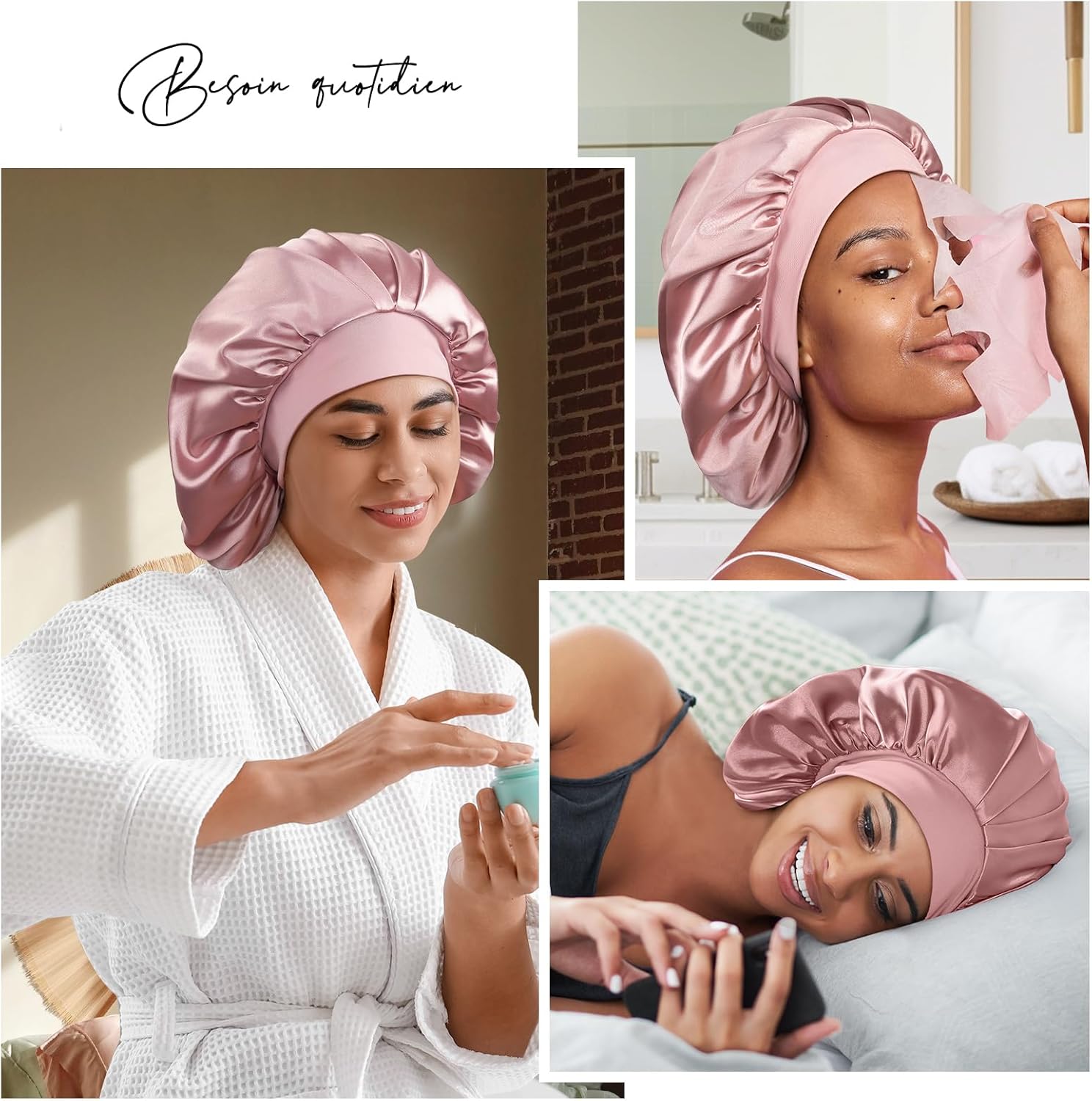 Umisleep - Bonnet nuit double soie 22 Momme, réglable, XL, cheveux longs