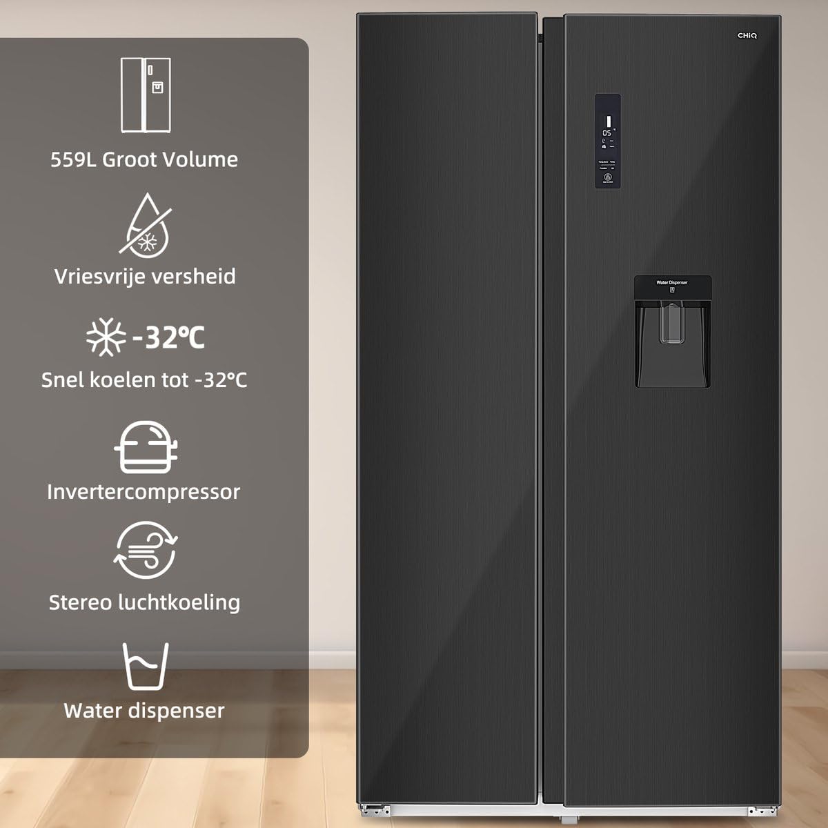 CHIQ - Réfrigérateur américain, 559L, inox noir, no frost, distributeur d'eau, FSS559NEI42D