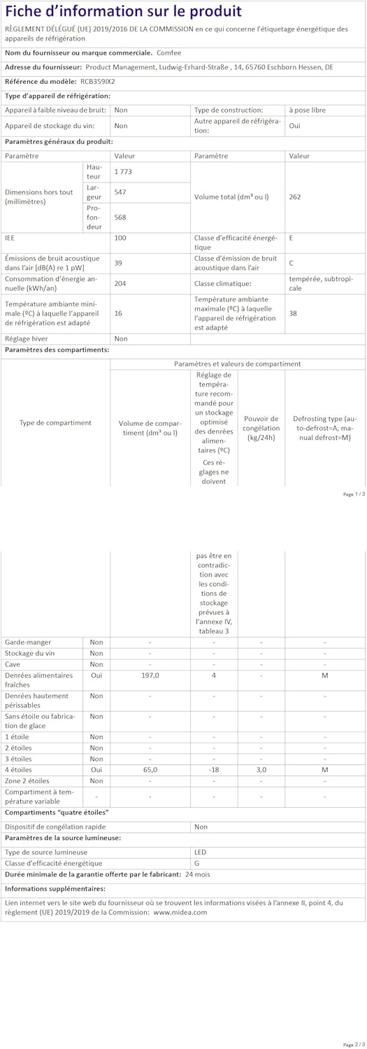 COMFEE' - combiné 262L, inox, Low Frost, silencieux, 39 dB - RCB359IX2