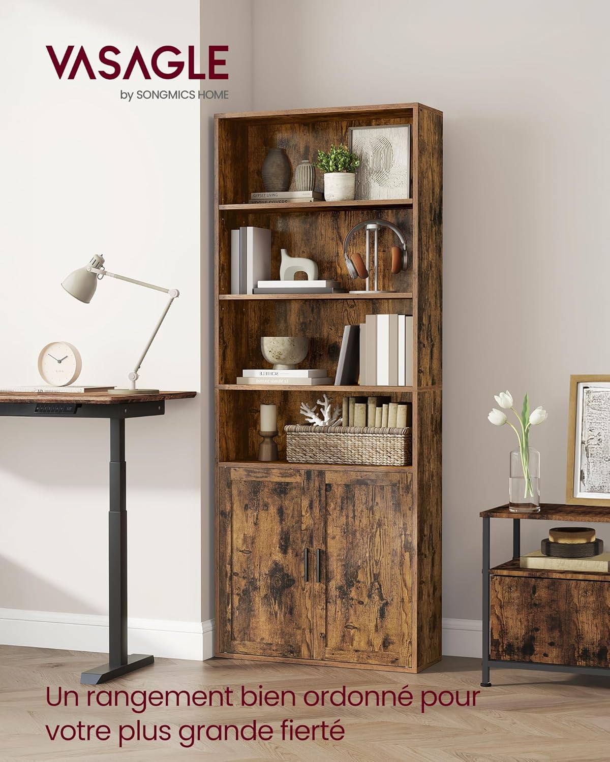 VASAGLE - Custos Collection - 24x60x175 cm - bibliothèque 6 niveaux, portes, rangement ouvert, marron rustique LBC402K01