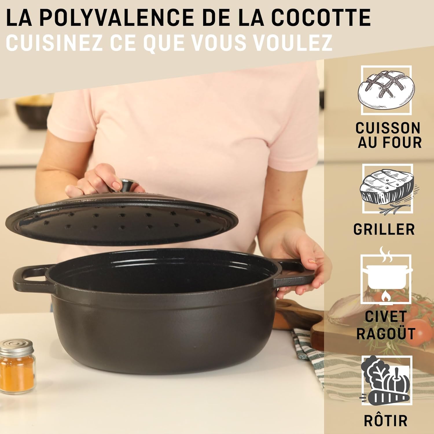 VeoHome - Cocotte fonte émaillée ovale 6L - noir mat, ultra résistante, induction, four, couvercle relief