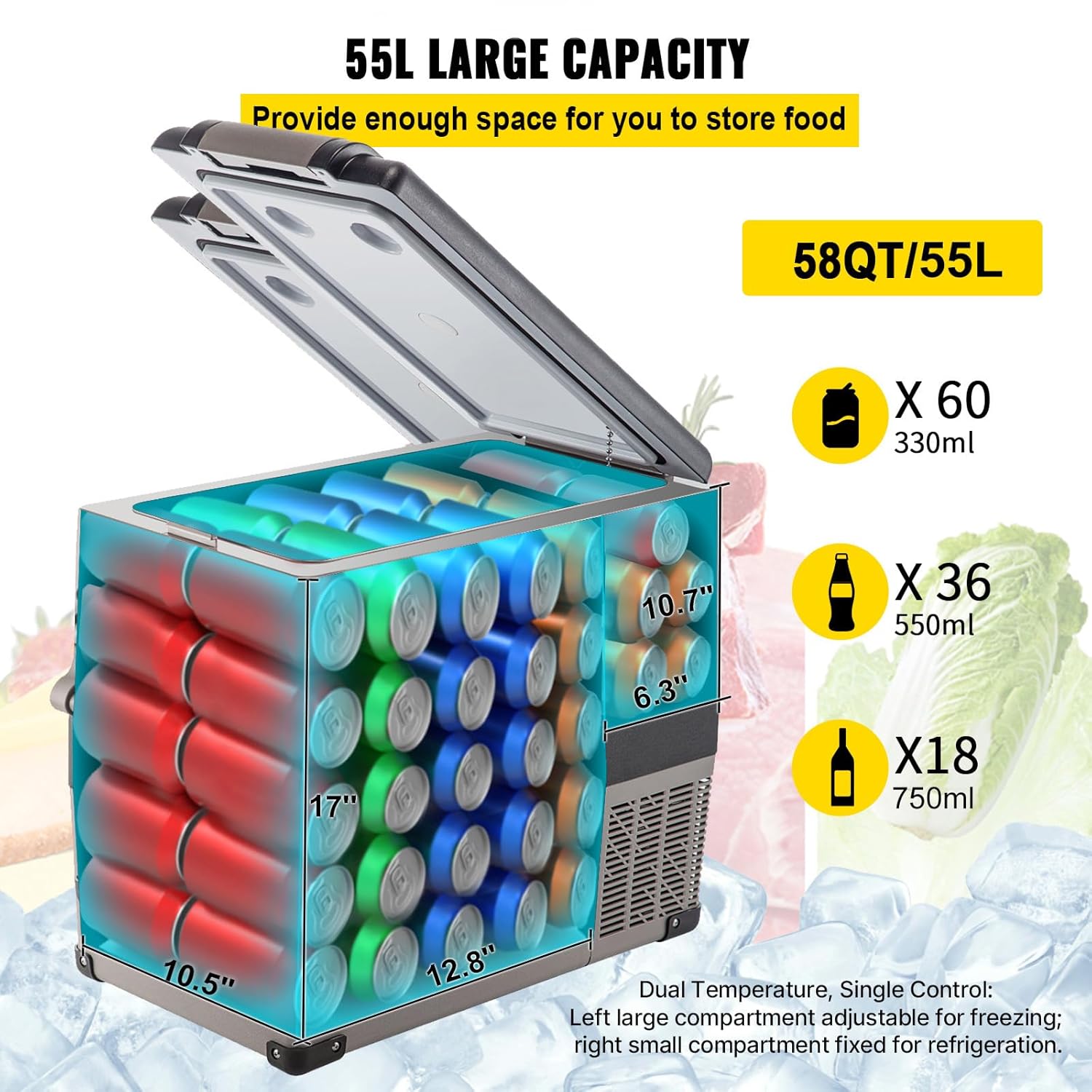 VEVOR - Mini Frigo Série Portable - 69x34.5x52.4cm - Silencieux, -20 à 20°C, 55L, panneau numérique, 220V/maison/voiture