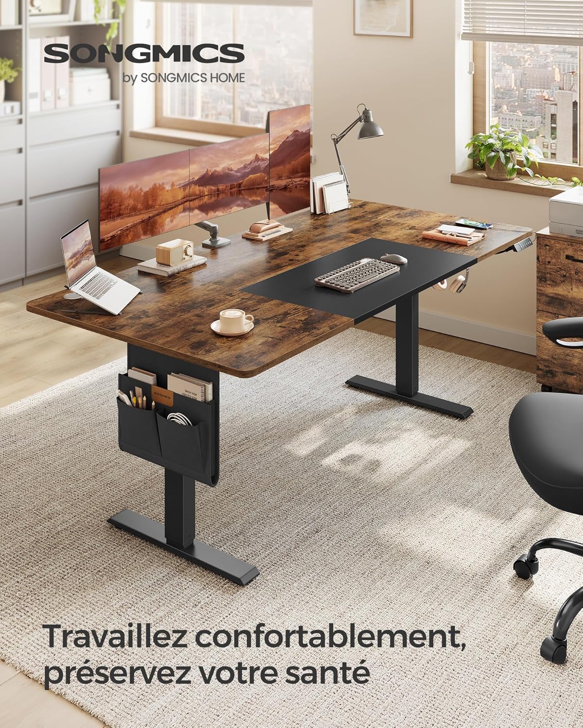 SONGMICS - bureau électrique réglable - 180x80 cm - mémoire 4 hauteurs, port USB-C, assis-debout, marron/noir - LSD028KD