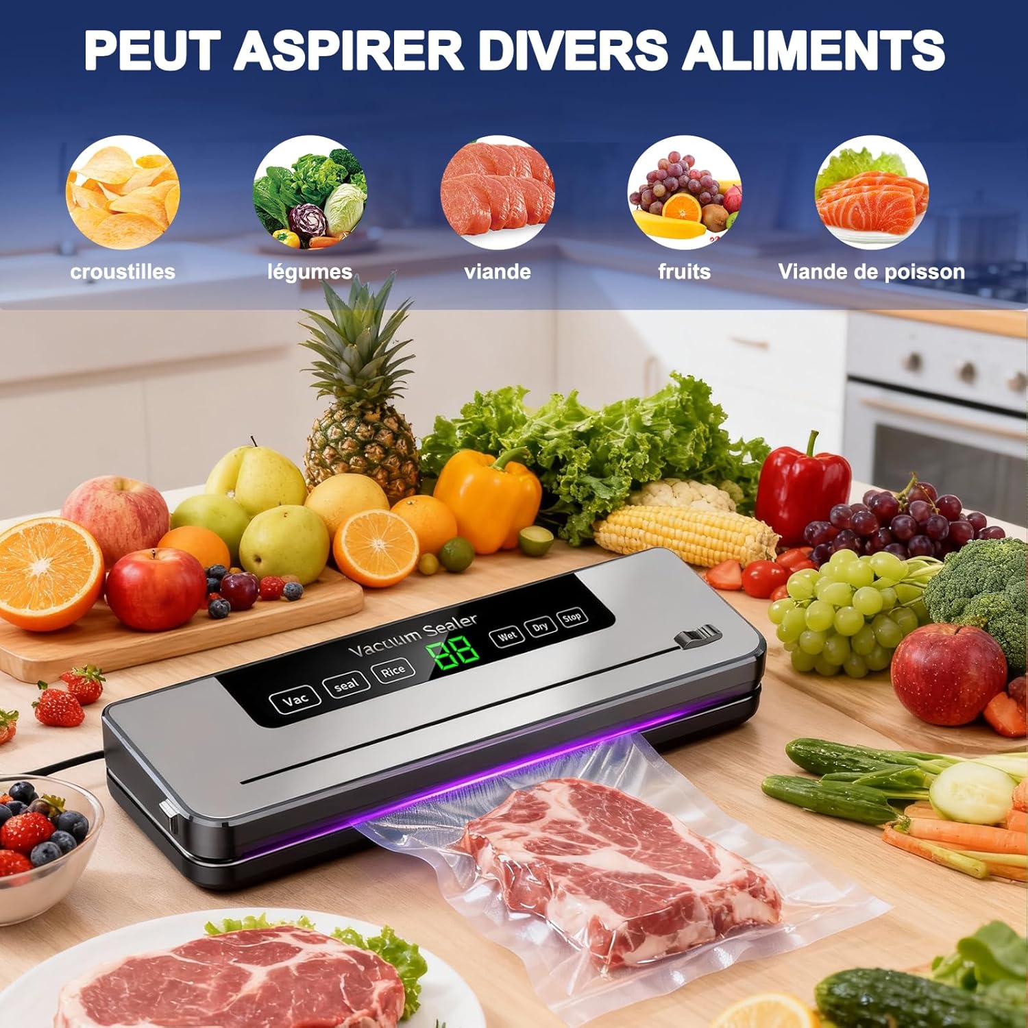 Machine sous vide alimentaire - 5 en 1 - 50 sacs inclus - mode humide/sec, multifonction