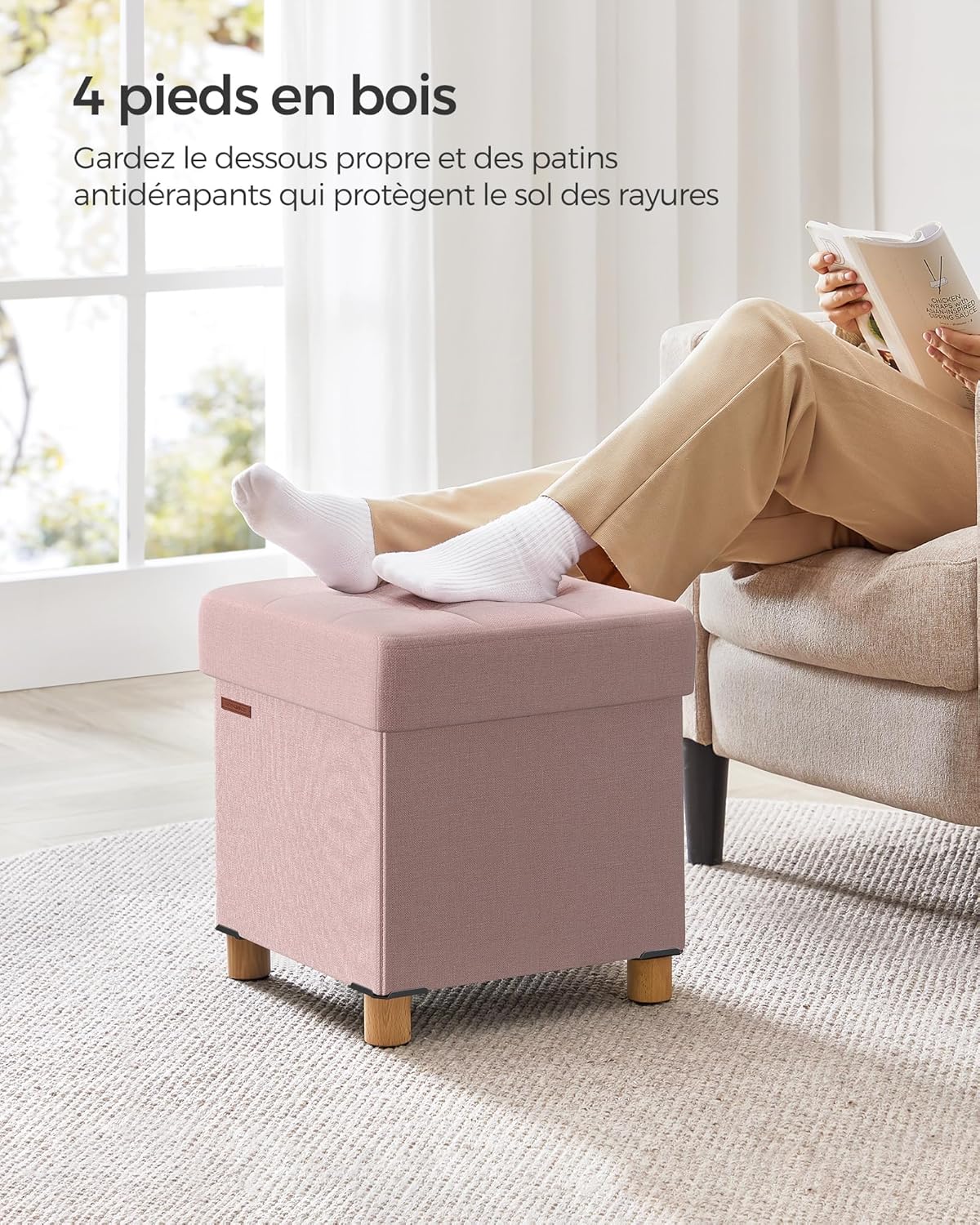 SONGMICS - tabouret pliable 38x38x40 cm, repose-pieds, 300 kg, rangement, Rose Bonbon LSF014P11