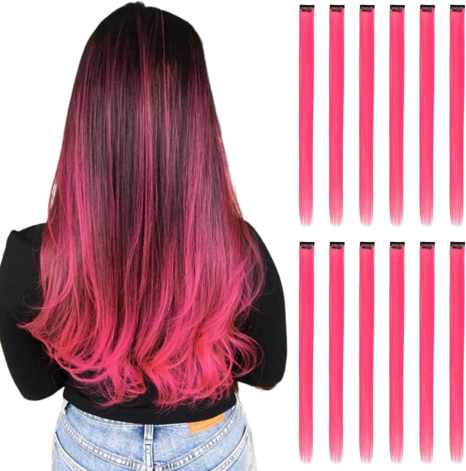 Extensions de cheveux – lot 12 pcs – rose vif – clips réutilisables