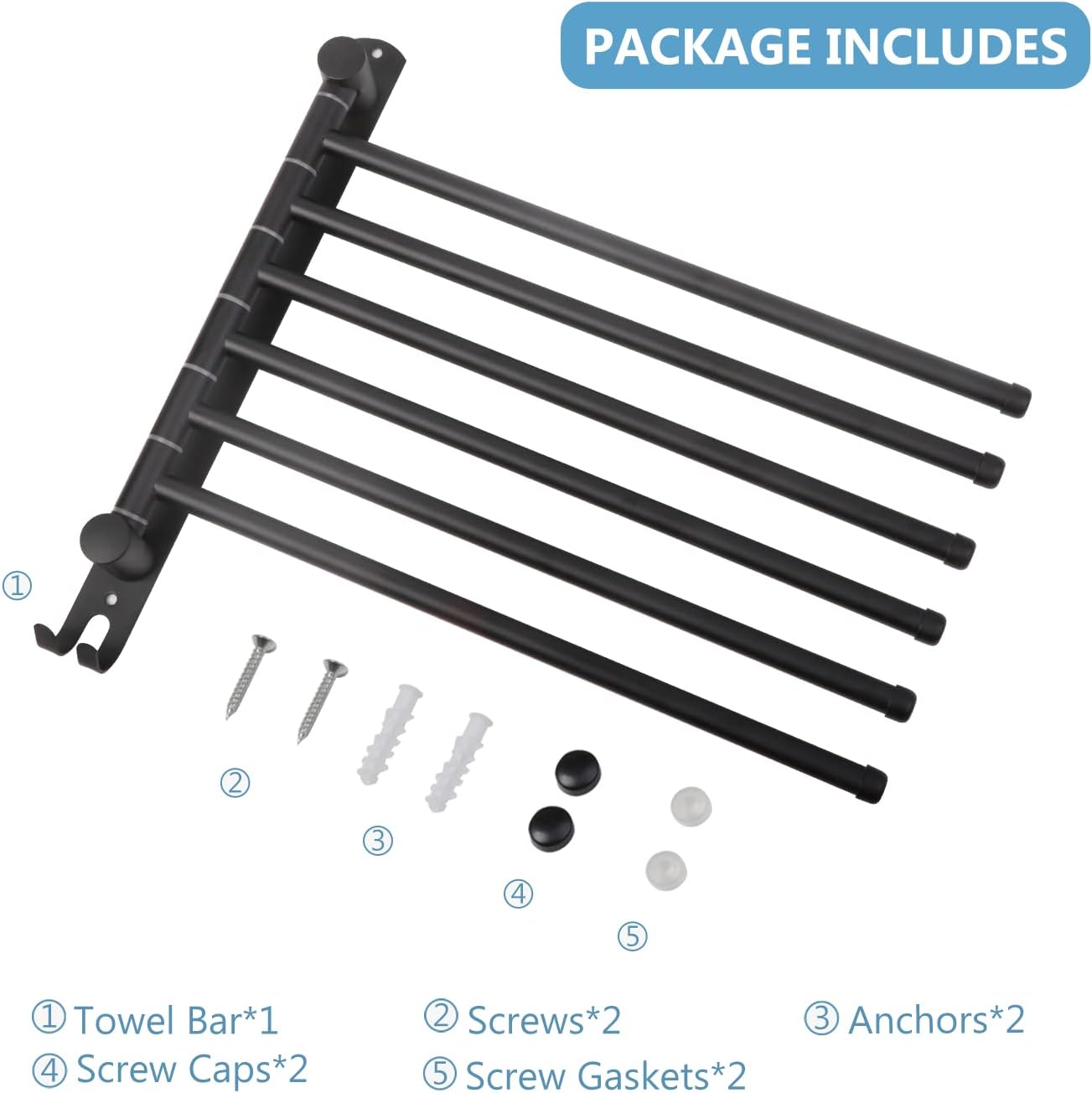 JSVER - porte-serviette 6 barres, 180° rotatif inox SUS304, mural, noir