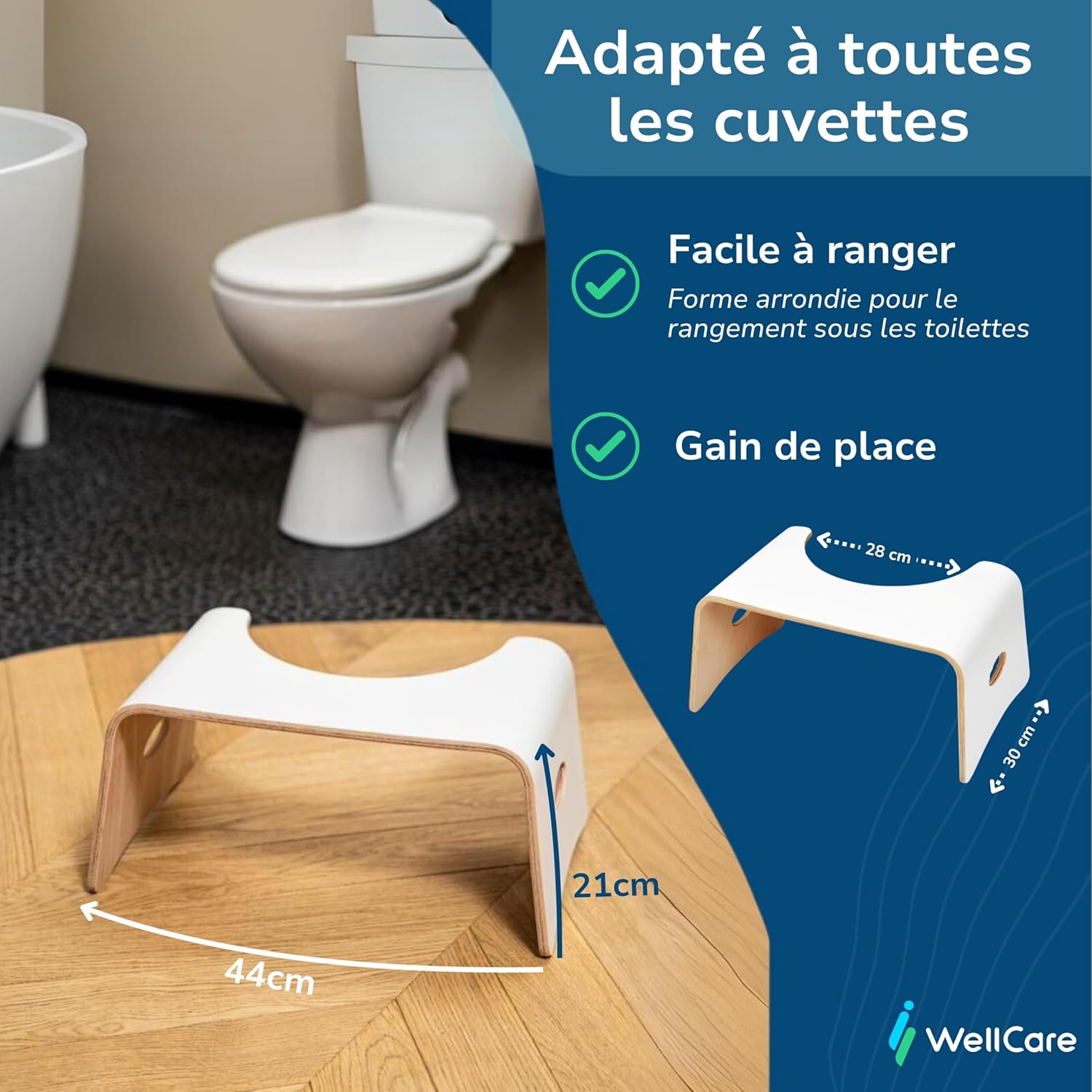 Well Care - Tabouret WC Bois Verni Blanc - Fabriqué France - Position Physiologique Adulte