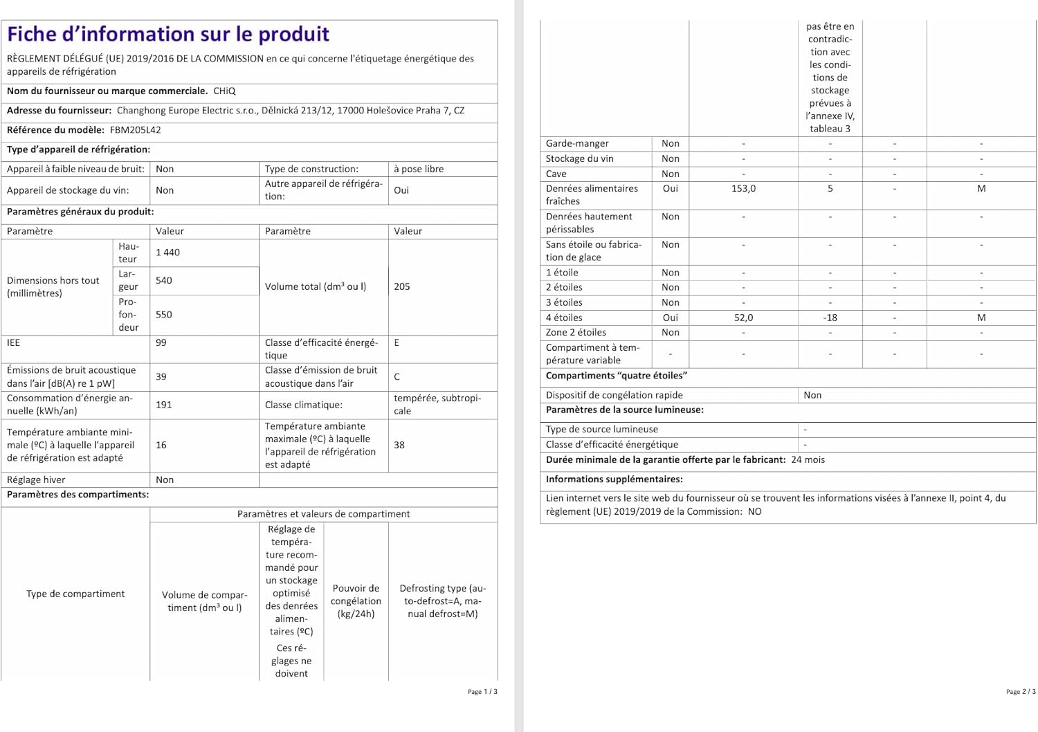 CHIQ - réfrigérateur congélateur 205L, classe E, acier noir, portes réversibles, FBM205L42