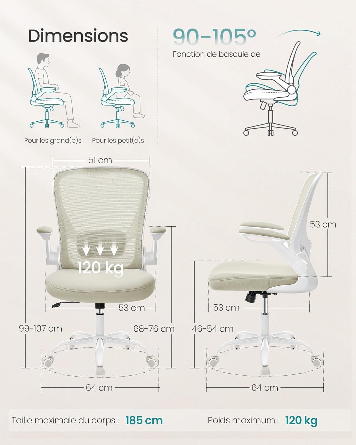 SONGMICS - chaise de bureau ergonomique - 53cm - maille, support lombaire, accoudoirs rabattables, OBN037K02