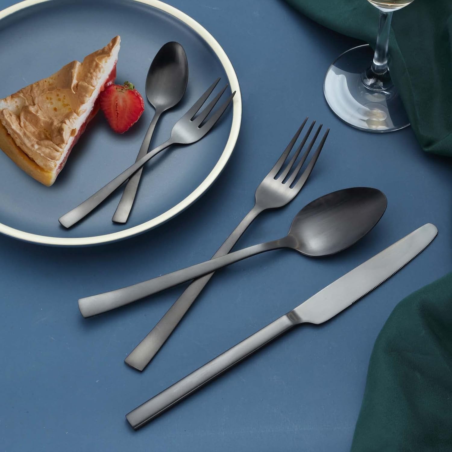 Hunnycook - Couverts 6 personnes - 30 pièces inox noir mat, poli miroir, lavable lave-vaisselle