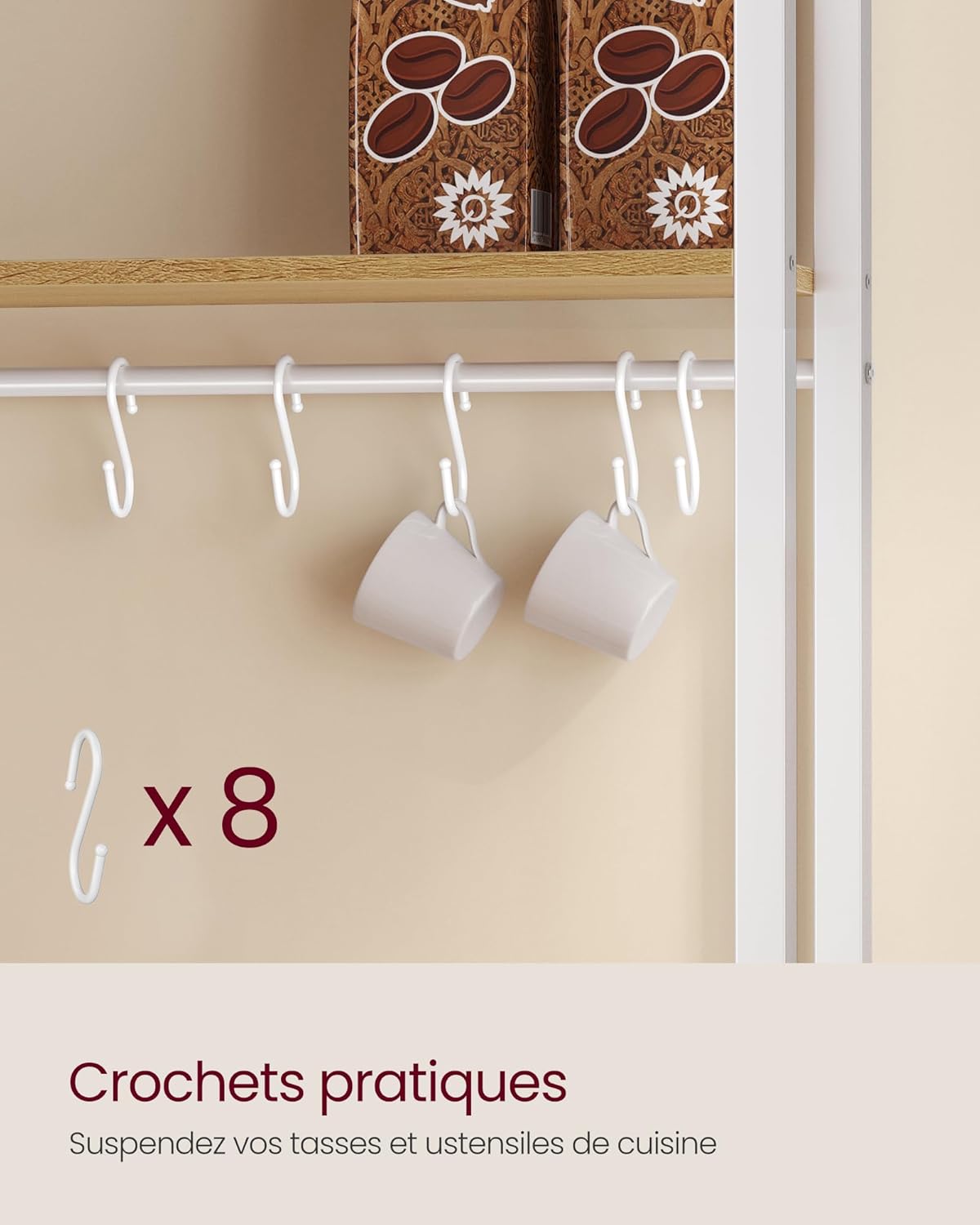 VASAGLE - étagère de cuisine, 40x60x170 cm, multiprise, crochets, KKS058Y02