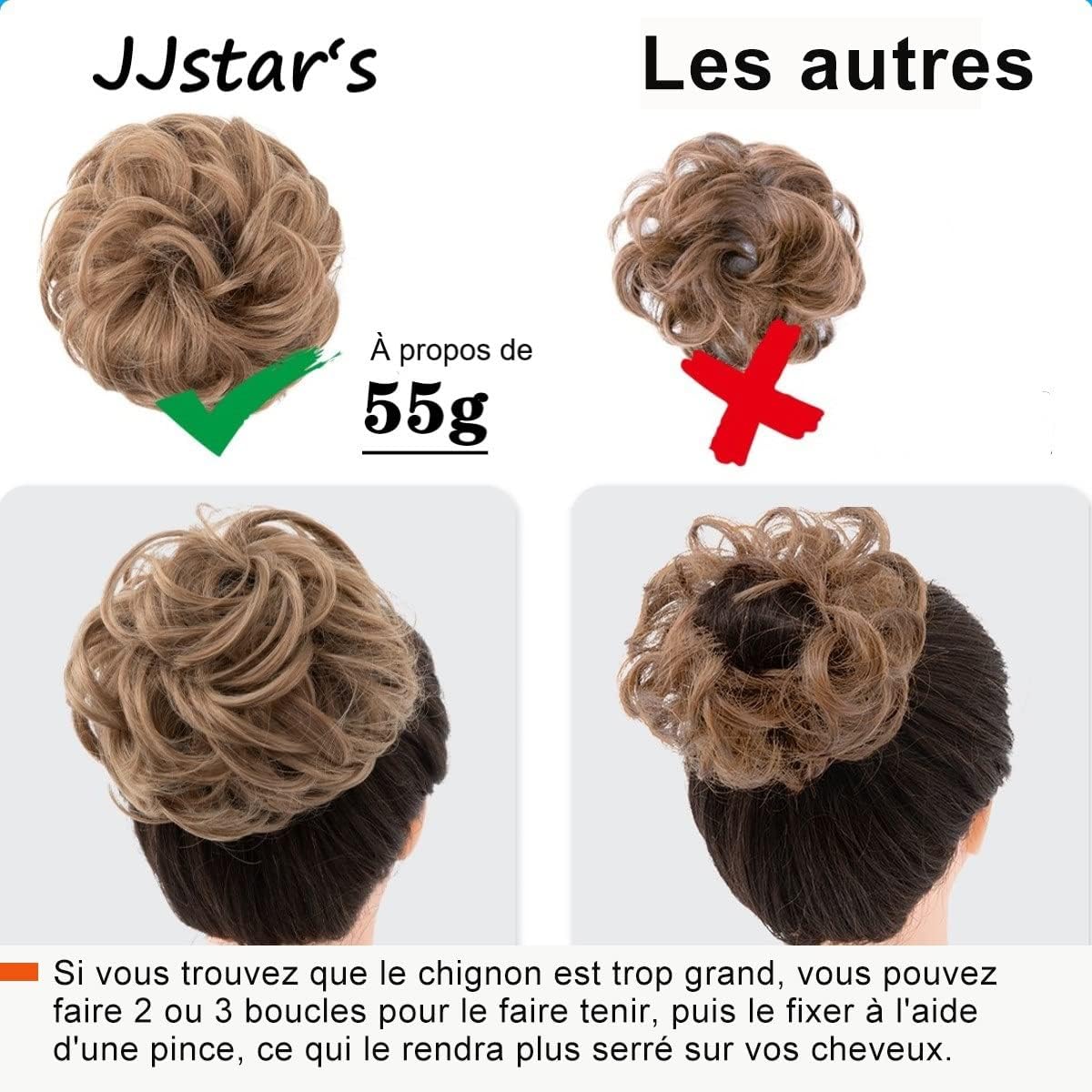 JJstar - Chignon postiche bouclé, élastique, cheveux naturels, mélange brun blond