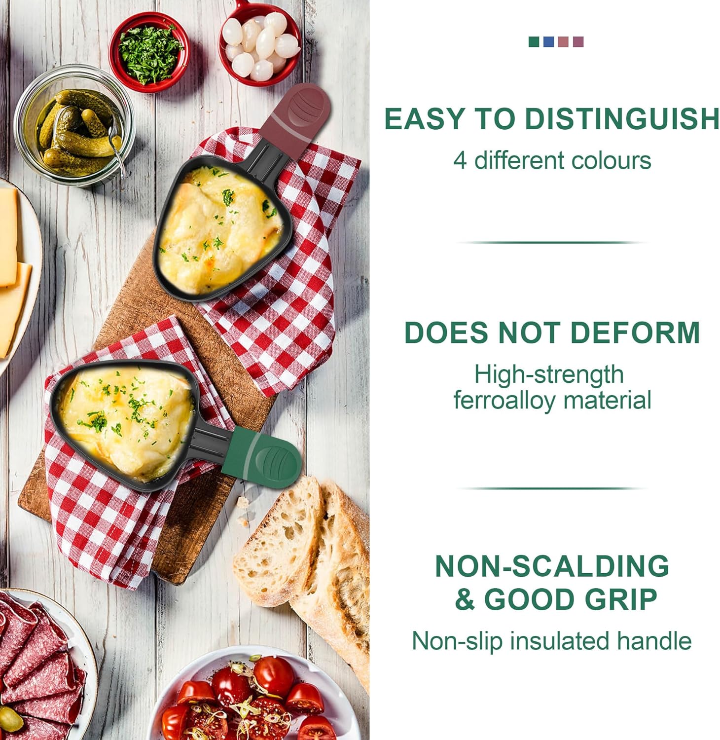 Poêlons à raclette triangulaires - 8 pièces - poignée colorée, antiadhésif, lavable au lave-vaisselle