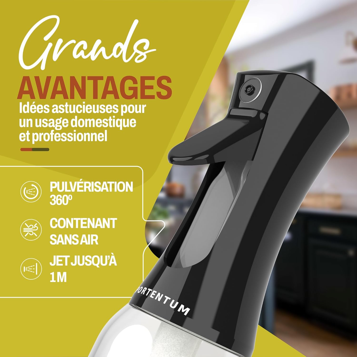 PORTENTUM - Pulvérisateur d'huile Premium 300ml - Verre anti-goutte, distributeur cuisine