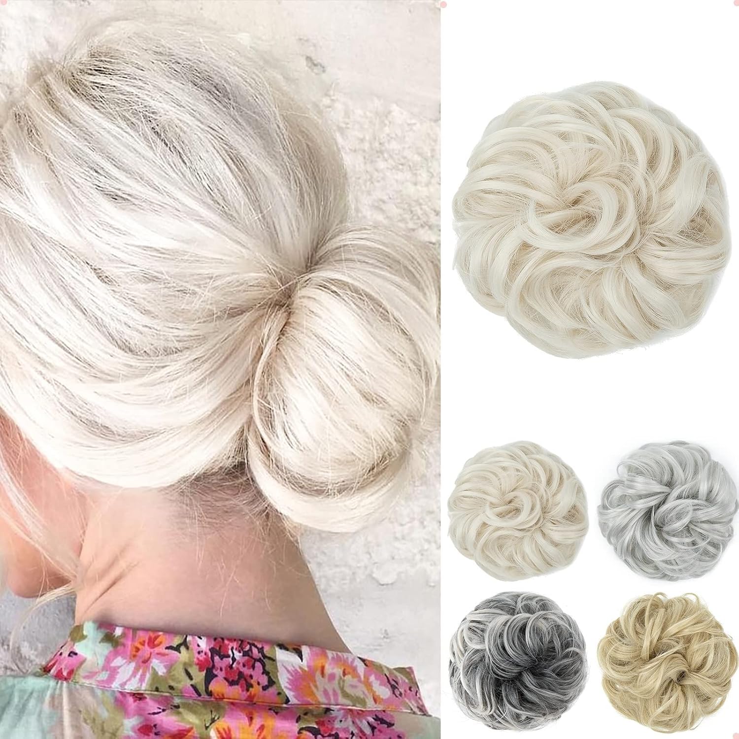 JJstar - Chignon postiche bouclé - Elastique - Cheveux naturel, blond platine
