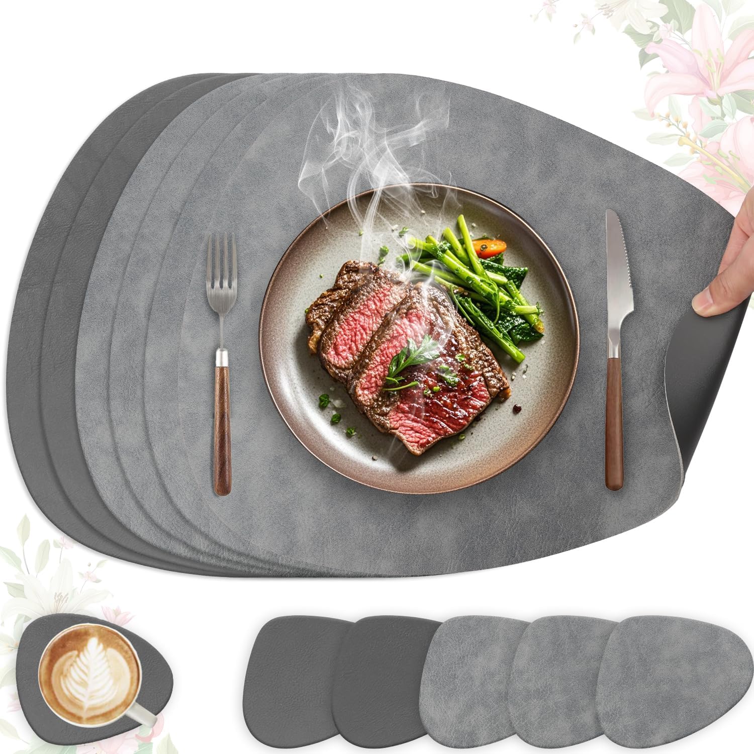 Set de table - lot de 6 ovales 41x33cm, cuir PU, lavable, antidérapant