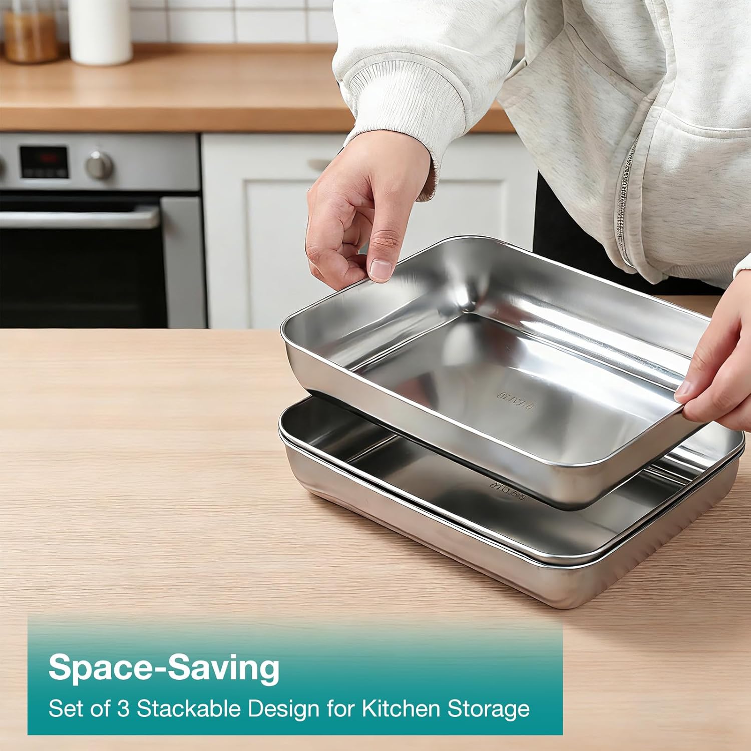 VINATO - Plateaux inox rectangulaires x3 - 25.5x20x4.5 cm - conservation alimentaire, cuisson, service