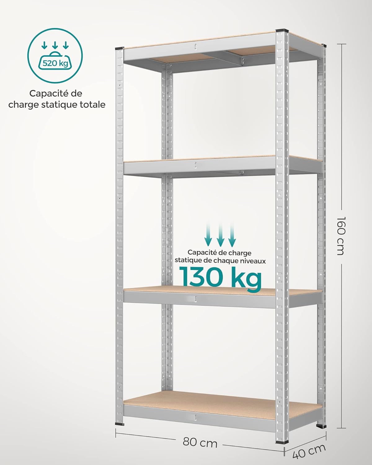SONGMICS - étagère 4 niveaux - 40x80x160 cm - 520 kg, planches réglables, style industriel - GLR044E02