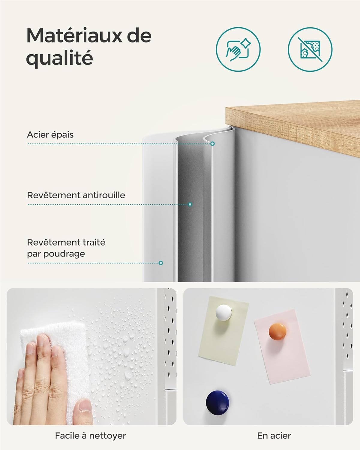 SONGMICS - Buffet double porte métal, 40x80x76cm, bois/blanc, LSC102W57