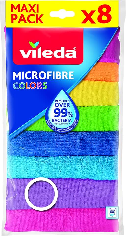 Vileda - Colors lavettes microfibres - 30x30 cm - dépoussière et dégraisse, 8 pièces