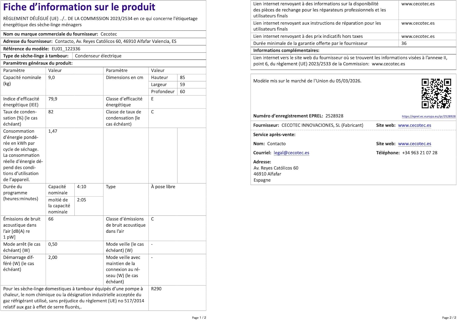 Cecotec - Bolero Dresscode série - 9kg, pompe à chaleur, 15 programmes, faible conso, 9180 Steel
