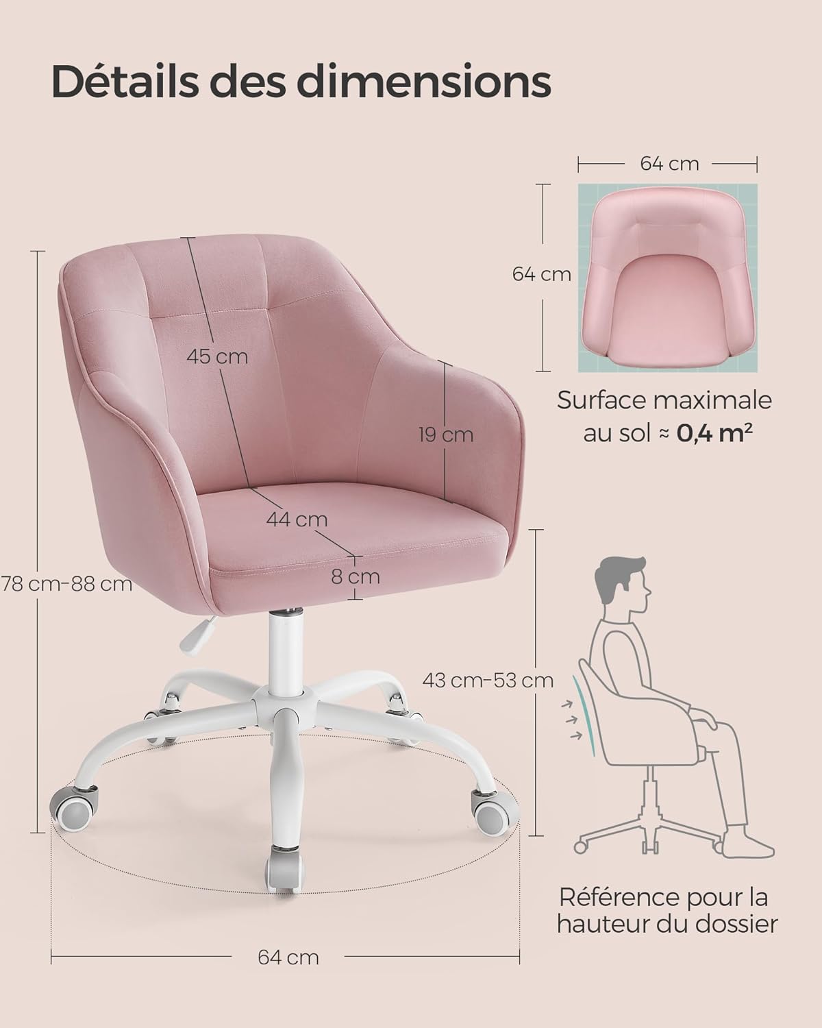 SONGMICS - fauteuil ergonomique velours, cadre acier, réglable, 110kg, OBG019P02