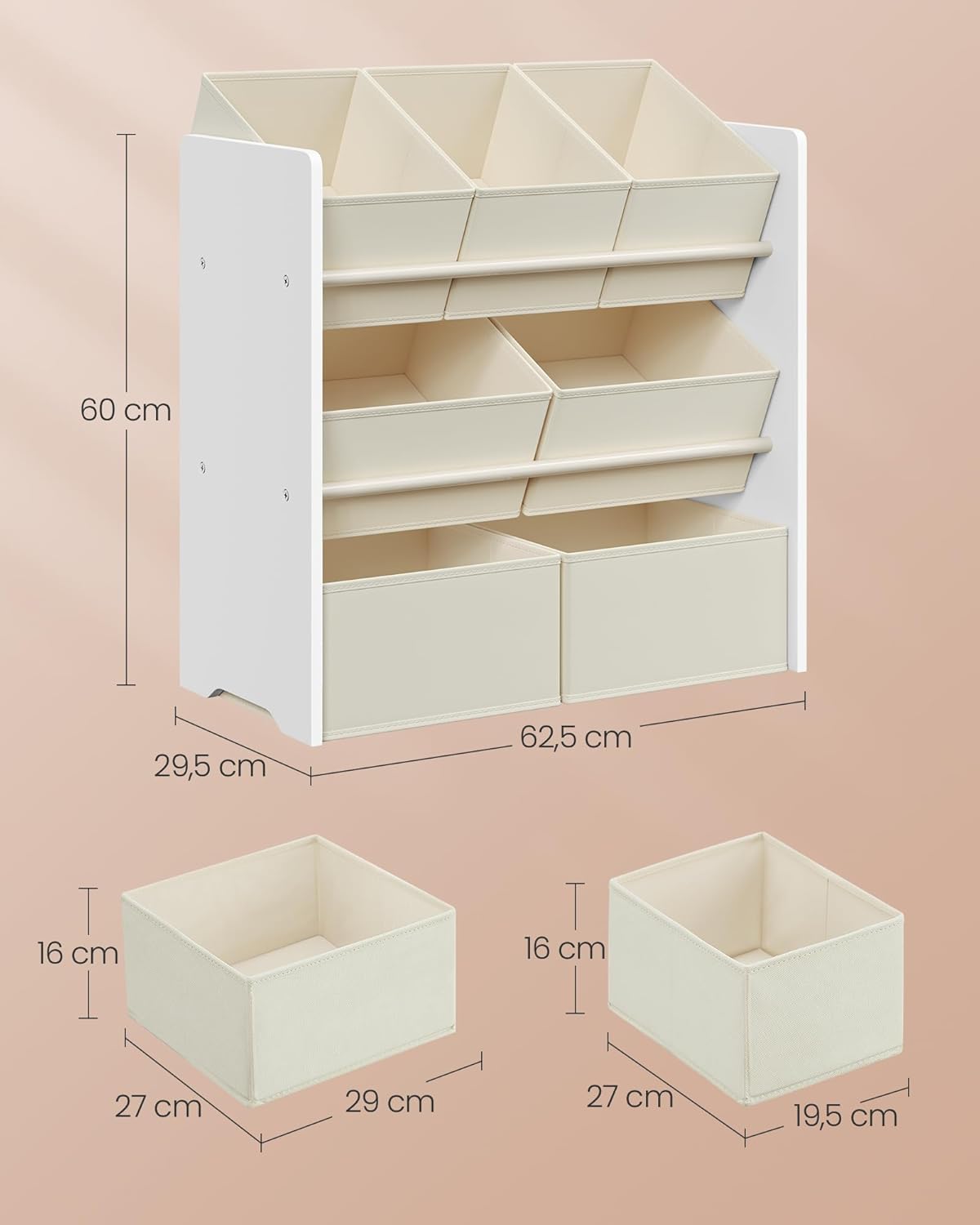SONGMICS - étagère à jouets enfants, 29,5x62,5x60 cm, 7 bacs tissu, blanc nuage GKR034W10