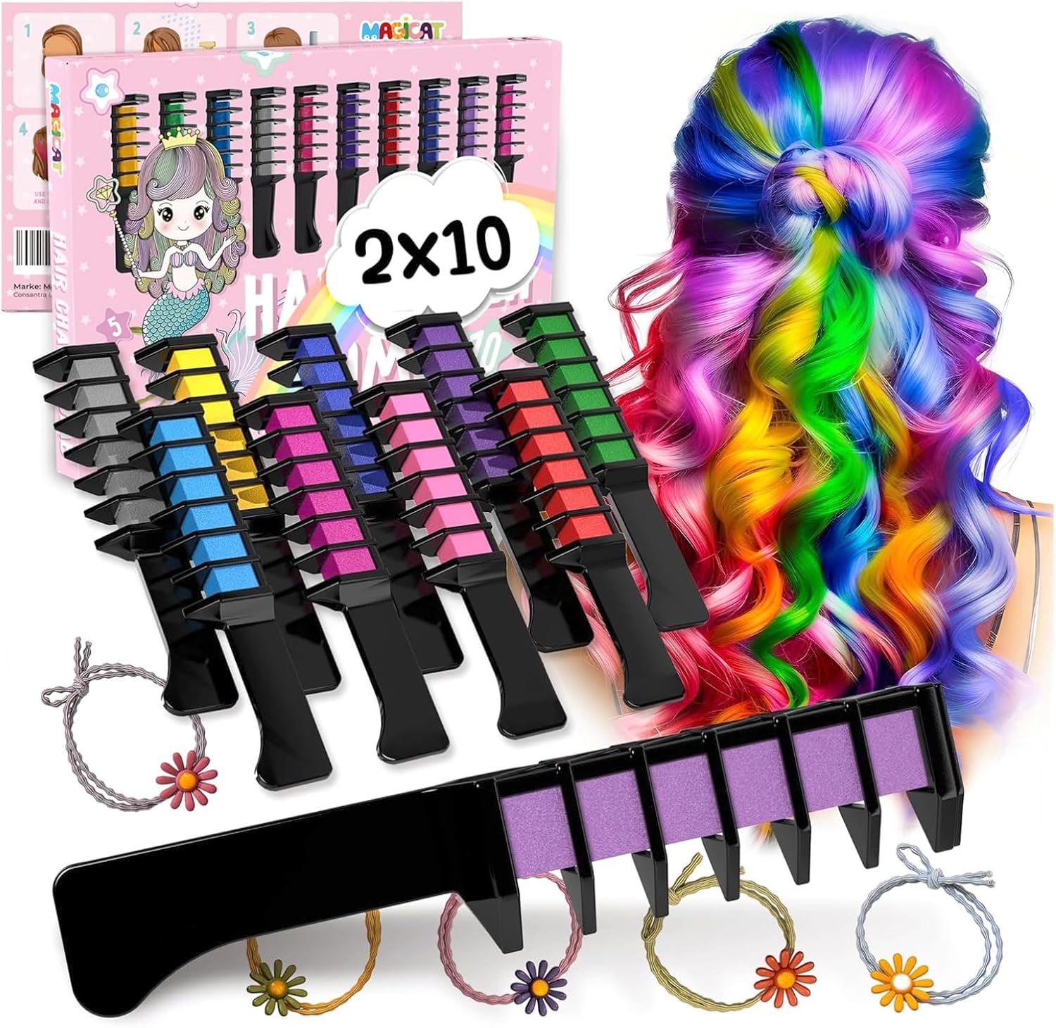 Magicat - Peigne à craie Magicat 20 - 10 couleurs lavables, élastiques cheveux, idéal enfants