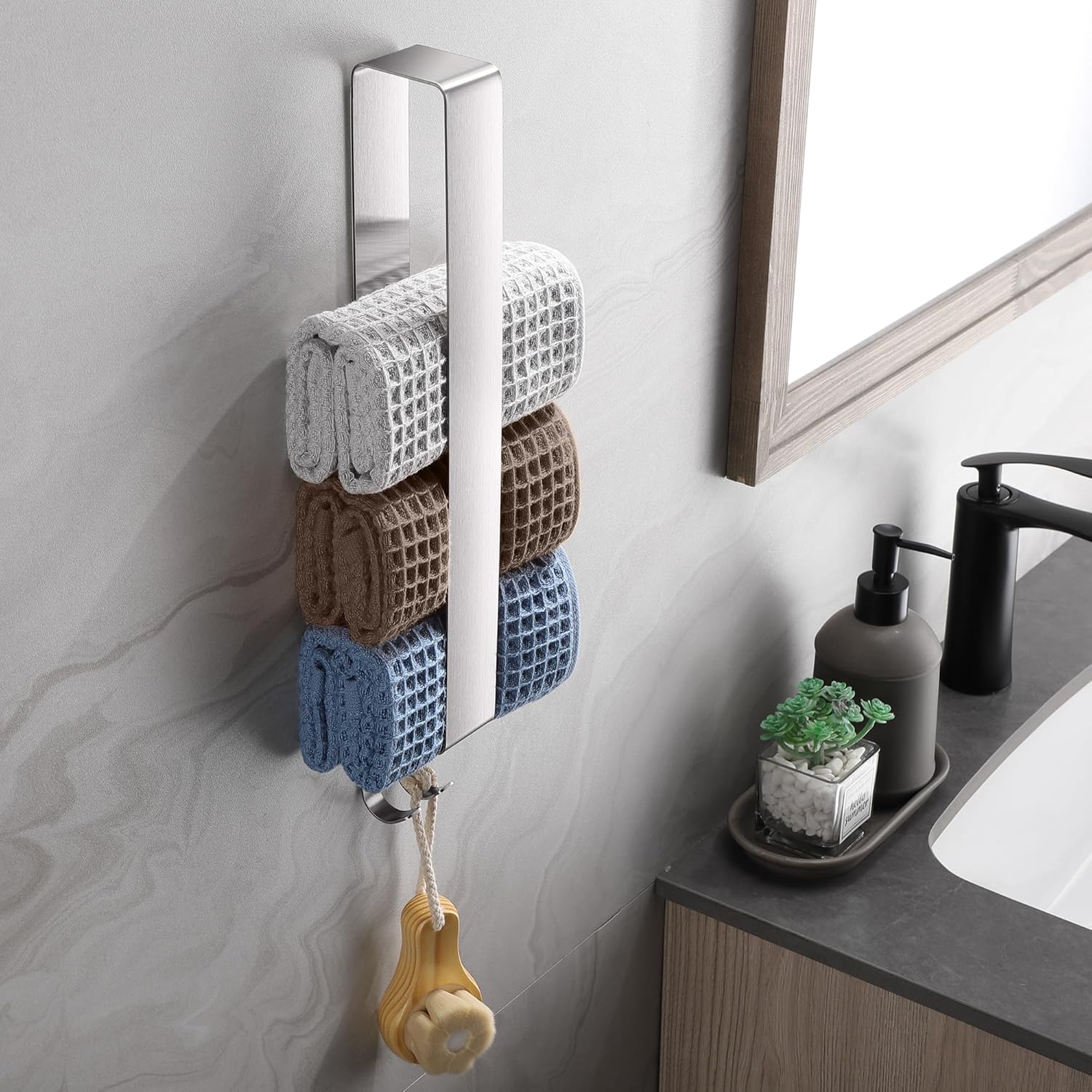 Porte-serviettes sans perçage - inox 304 brossé - argent - adhésif, crochets