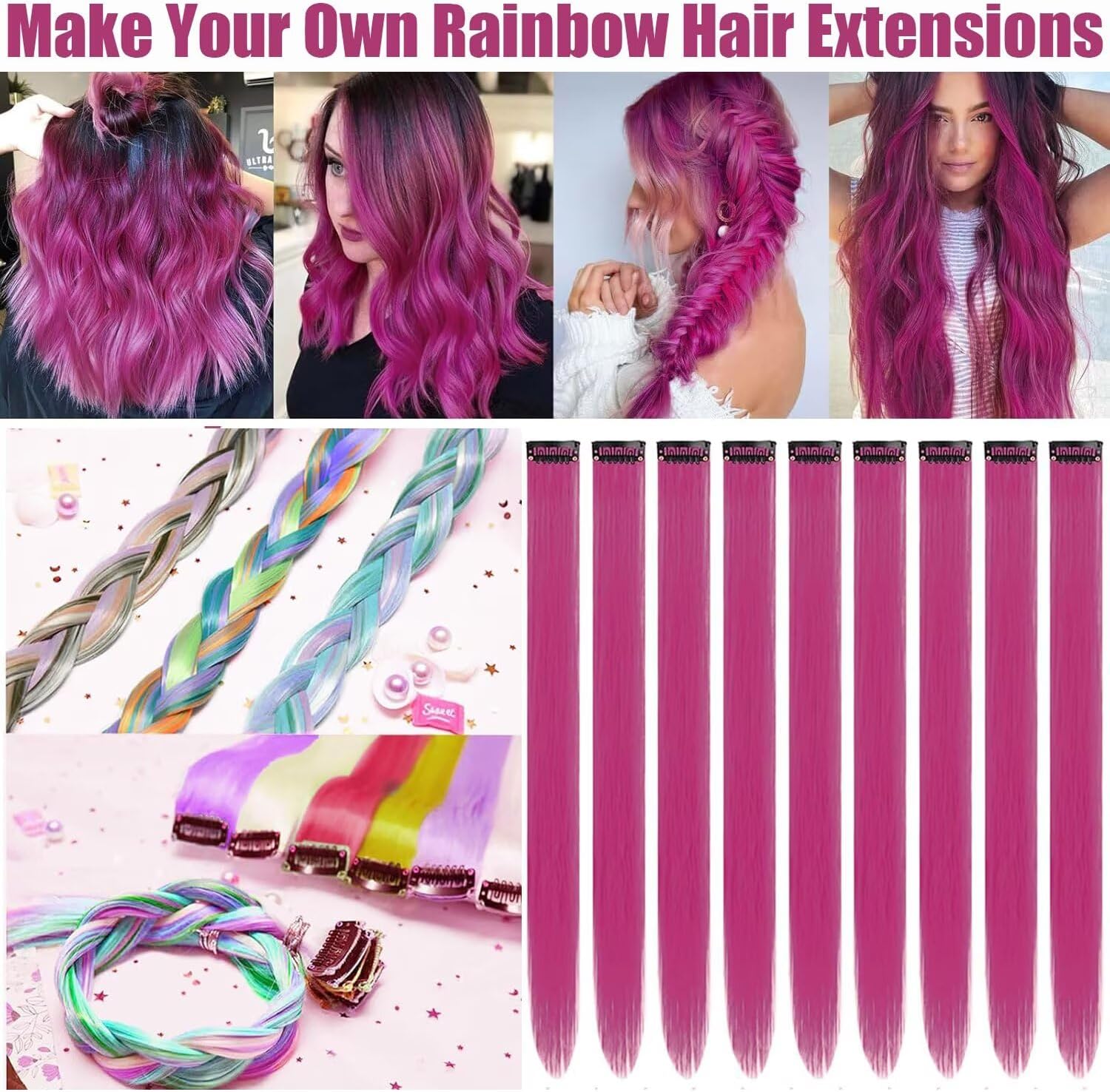 Mèches de cheveux - lot de 12 - 55 cm - rouges roses, tresses/extensions