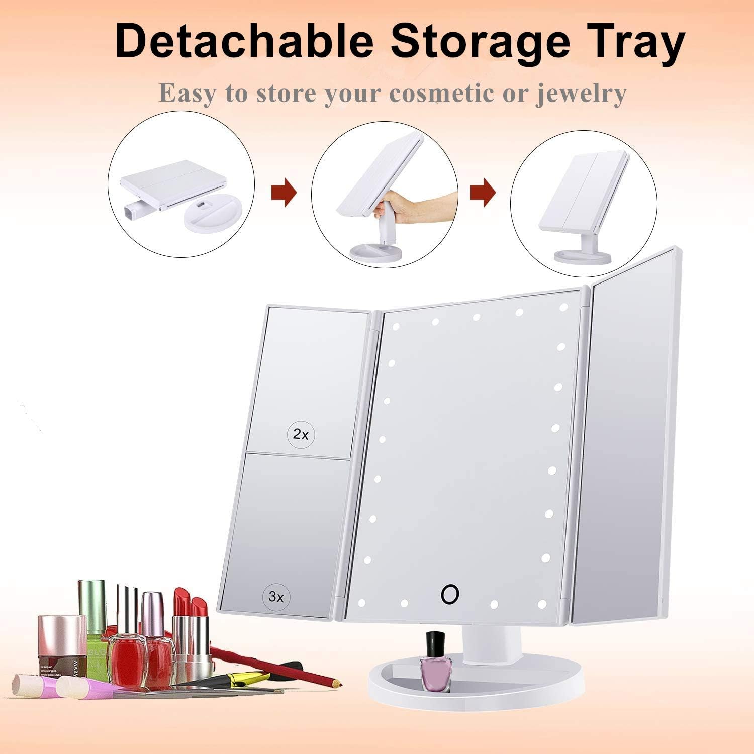 Nestling - miroir triple grossissant LED, tactile, rotatif 180°, 10x/3x/2x, double alimentation